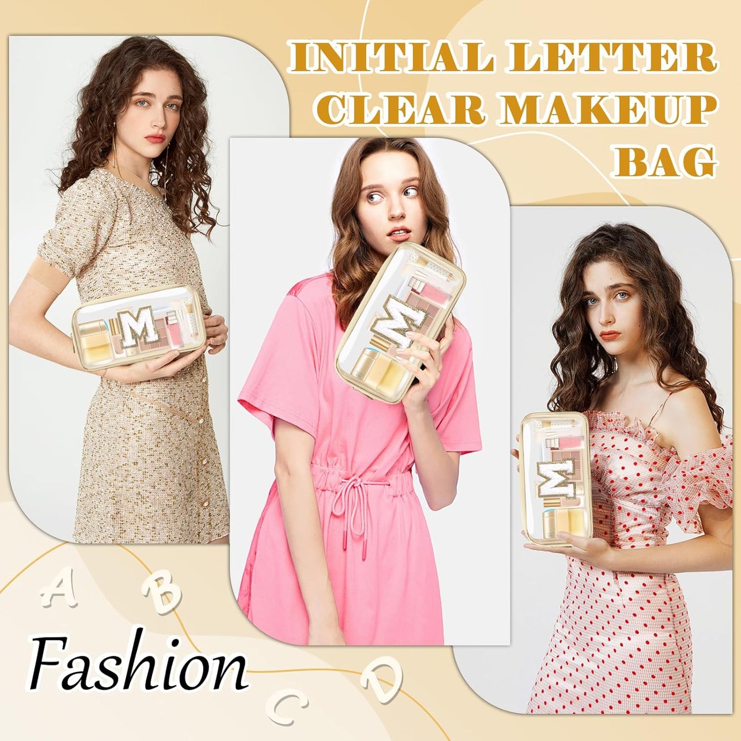 Personalized Initial Letter Clear Makeup Bag,Preppy Small Nylon&PVC Cosmetic Zipper Bag with Chenille Letter,Portable Beach Travel Skincare Toiletry Bag,Trendy Monogram Gift for Teen Girls Women,M