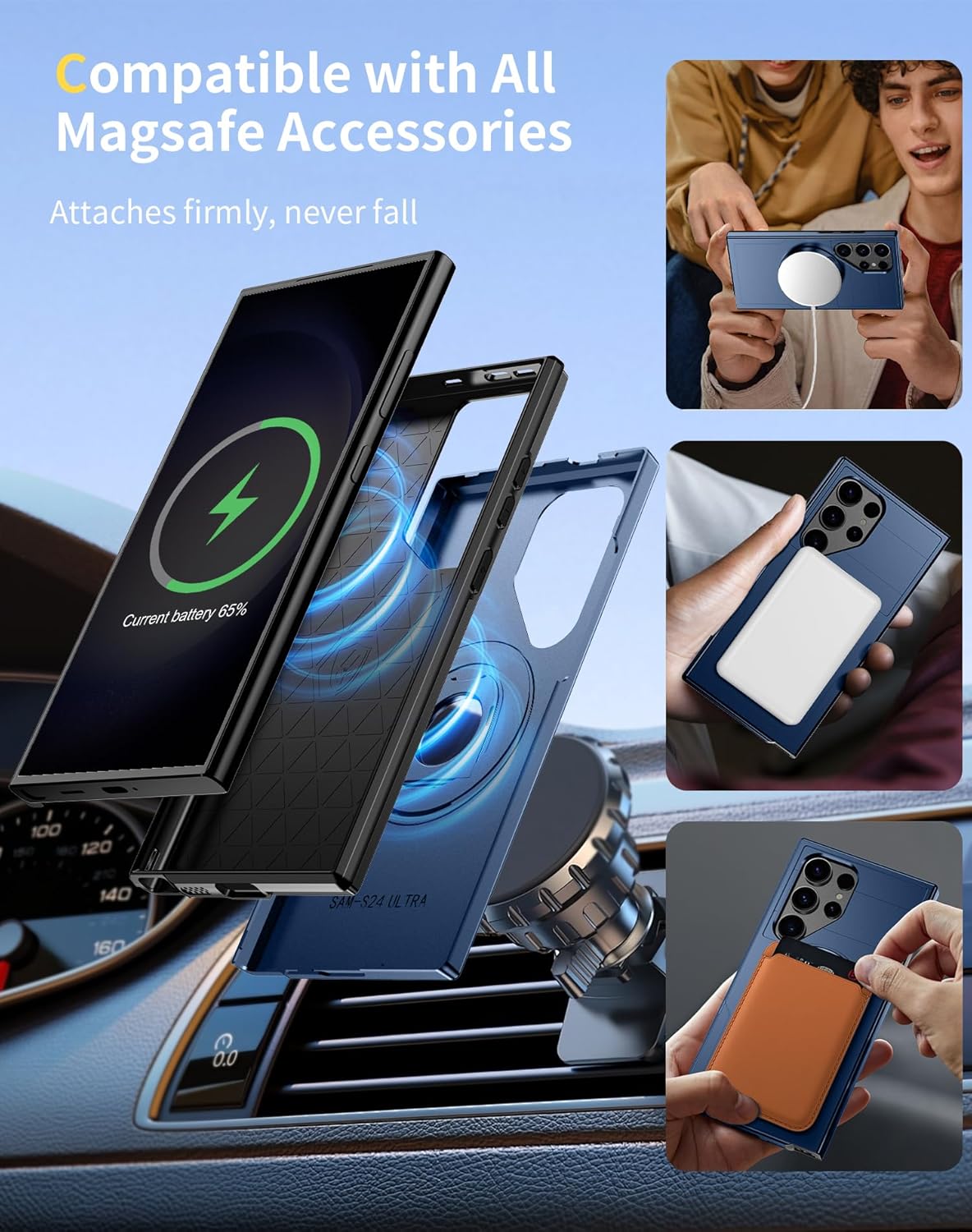 for Samsung Galaxy S24 Ultra Case Magnetic Compatible with MagSafe Wireless Charging,with 1 Screen Protector,Built-in 360° Kickstand Ring Anti-Scratch Shockproof Heavy Duty Protection Blue