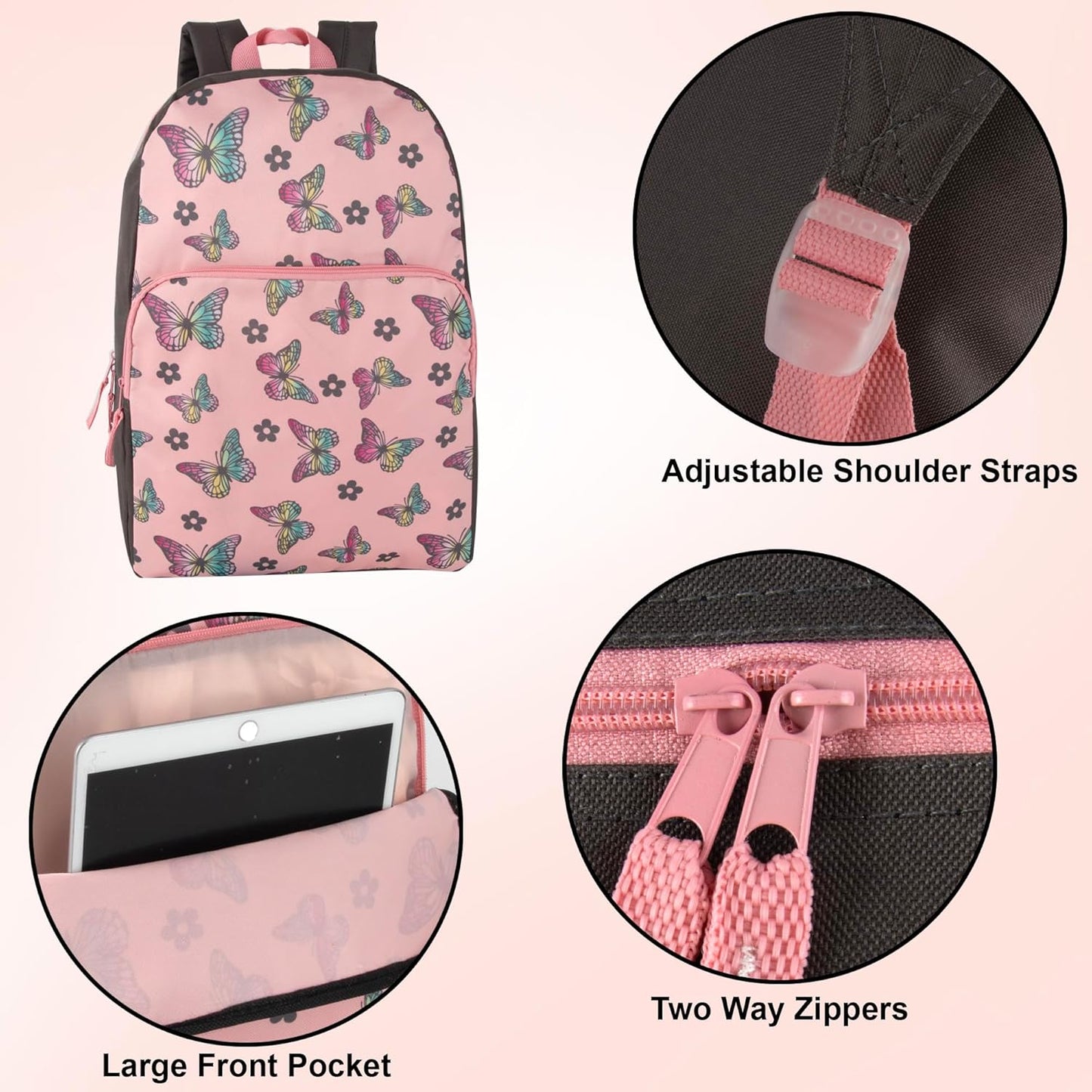 Fun School Backpack for Elementary Middle School Girls and Boys | 17 Inch Printed Backpacks for School Kids, Travel (Big Bold Butterflies)