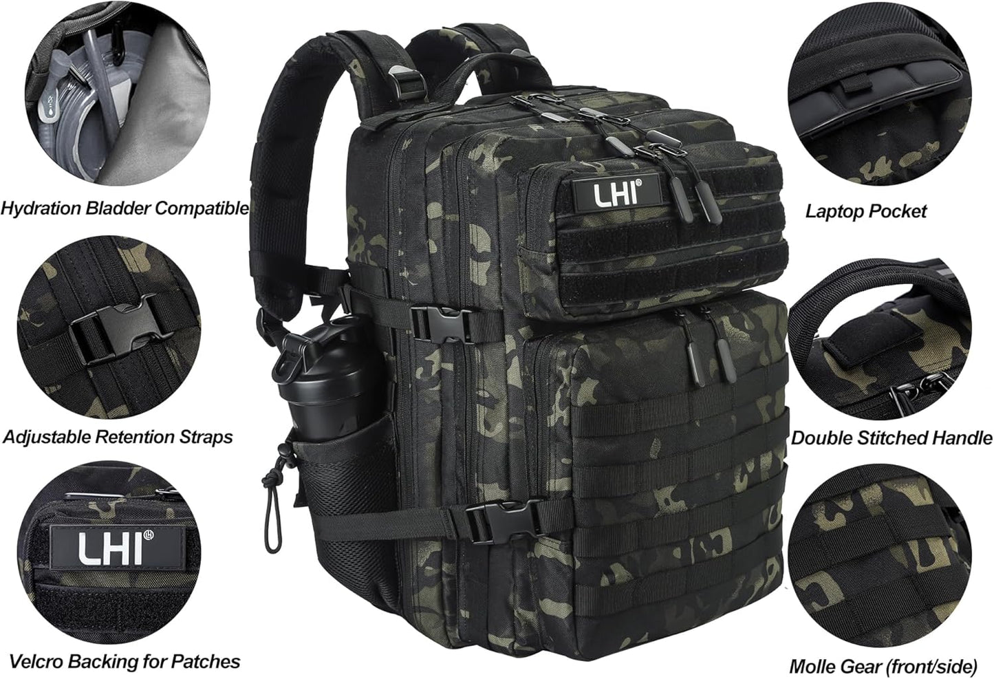 LHI Military Tactical Backpack for Men and Women 45L Army 3 Days Assault Pack Bag Large Rucksack