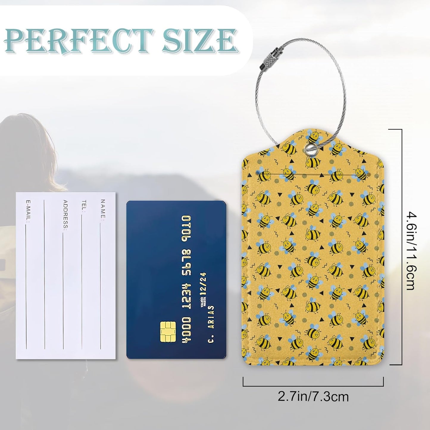 Honey Bees Luggage Tag,Cute Animal Luggage Tags of Set 2 Leather Identifiers Privacy Cover with Stainless Steel Loop for Women Men Travel Bag Suitcase