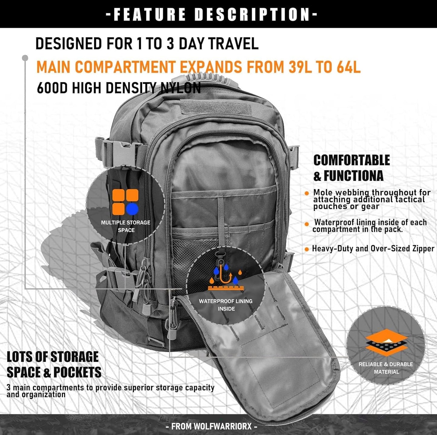 Tactical Backpack Military Army Daypack - Assault Pack for Men Molle Backpacks Bug Out Bag 3 Day Pack for Hiking Camping Travel Hunting Rucksack Trekking Grey