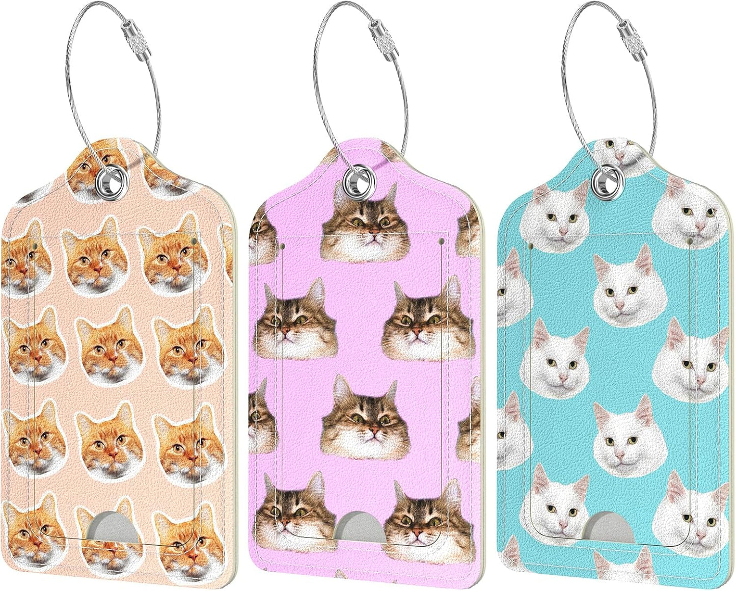 Rimilak 3 Pcs PU Leather Luggage Tags for Suitcase, Travel Cruise Luggage Tag with Privacy Flap, Name ID Label and Metal Loop for Women Men Baggage Handbag School Bag Backpack, Cute Cat