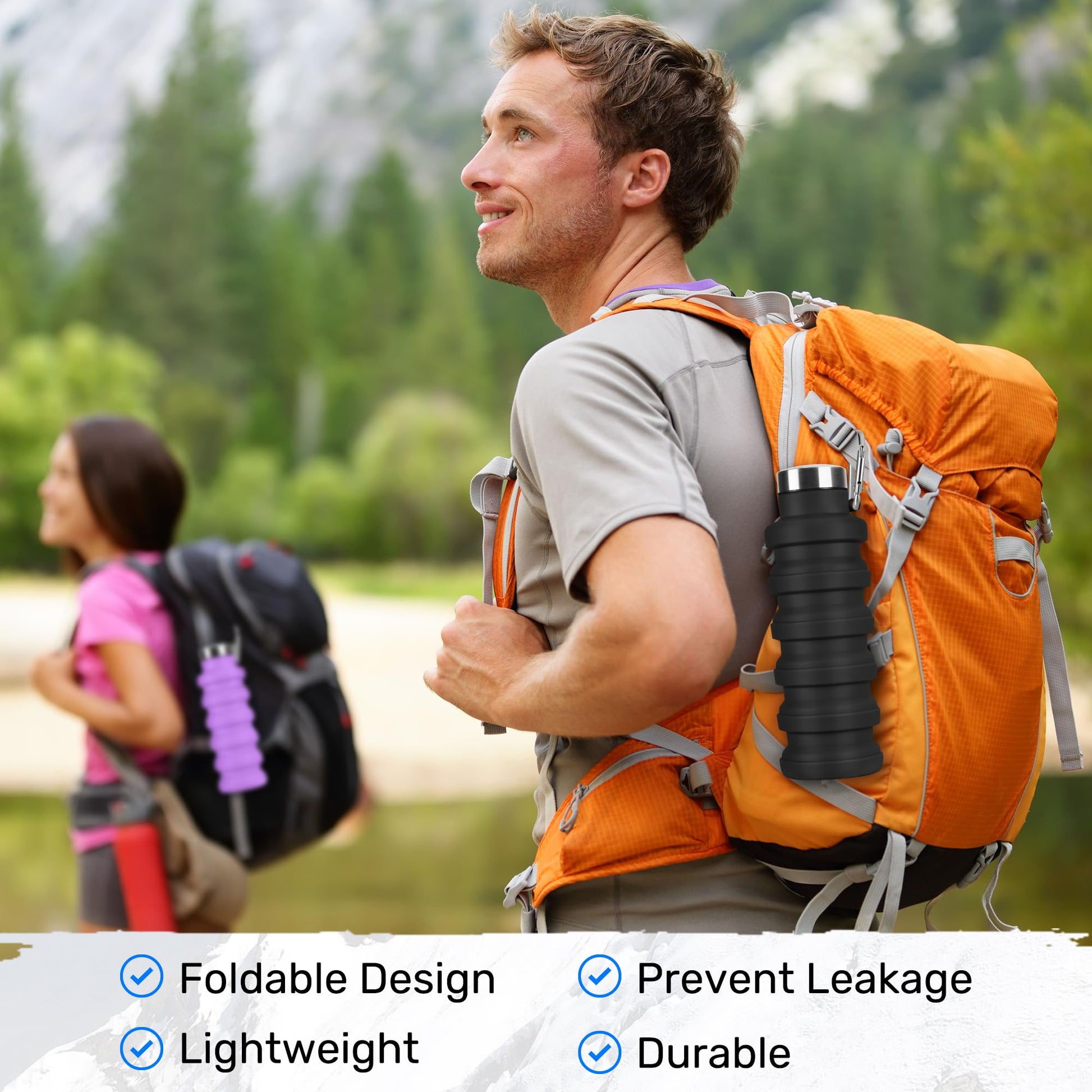 Rotayi Collapsible Water Bottle, 16oz Portable Reusable Silicone Water Bottle with Carabiner for