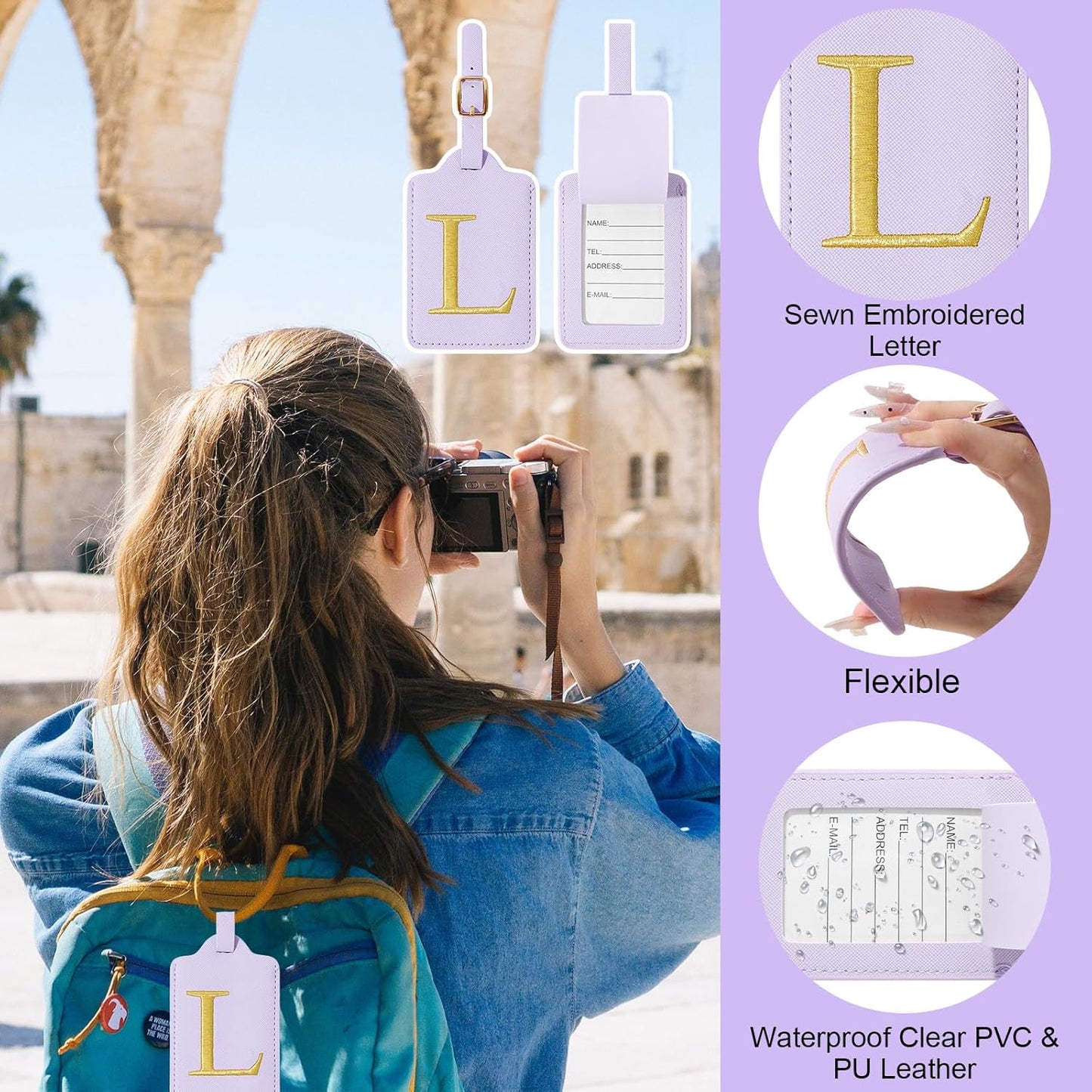 Personalized Initial Luggage Tags for Suitcases, Cute PU Leather Embroidered Letter Travel Luggage Tags, Suitcase Identifier Name Baggage Tag, Bag Tags for Men Women Kids Luggage Handbags(Purple L)