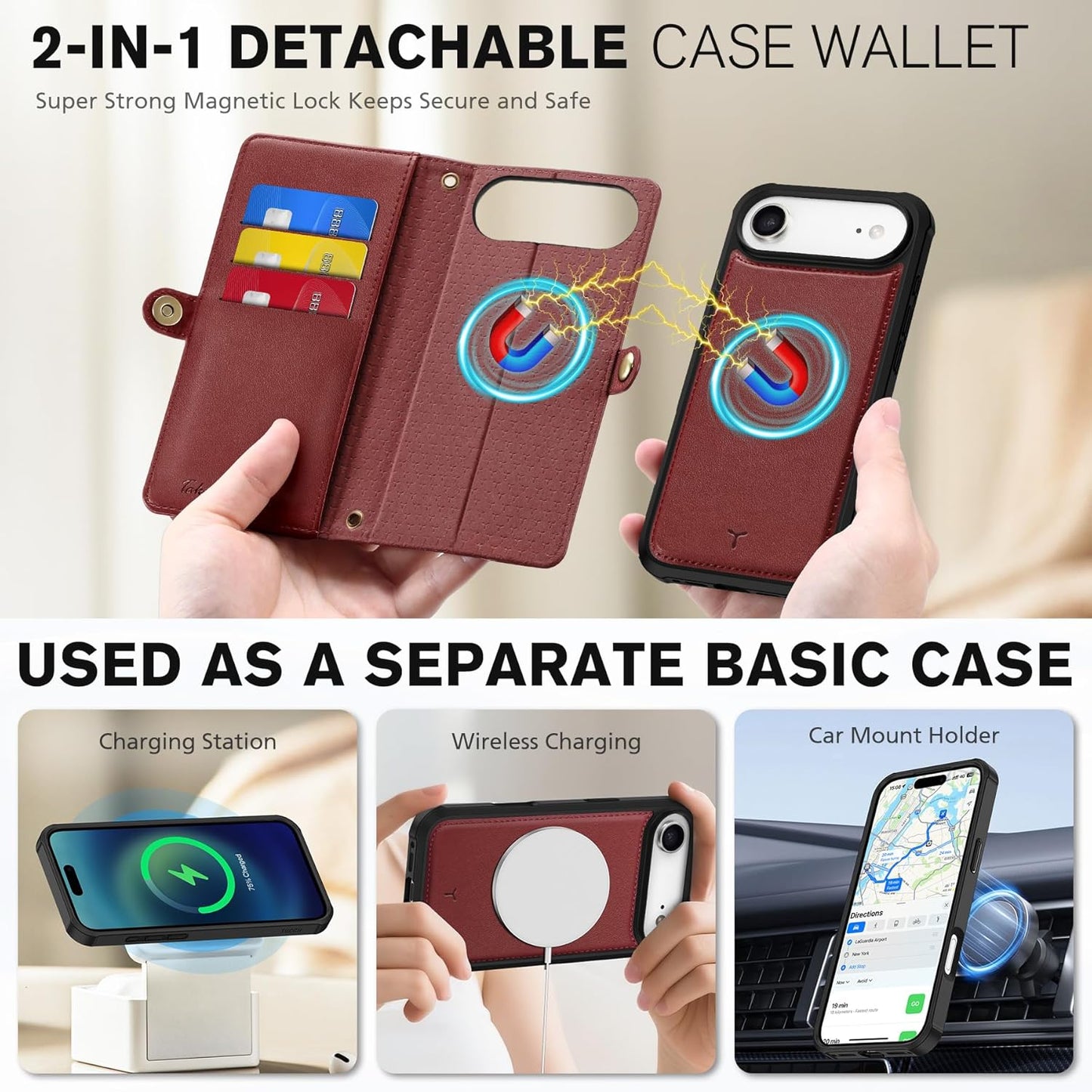 TUCCH Detachable Crossbody Case Wallet for iPhone Air 6.5", Wireless Charging | RFID Blocking 9 Card Holders | Lanyard | Wrist Strap | Stand | Zipper Pocket | PU Leather | Magnetic Cover | Dark Red