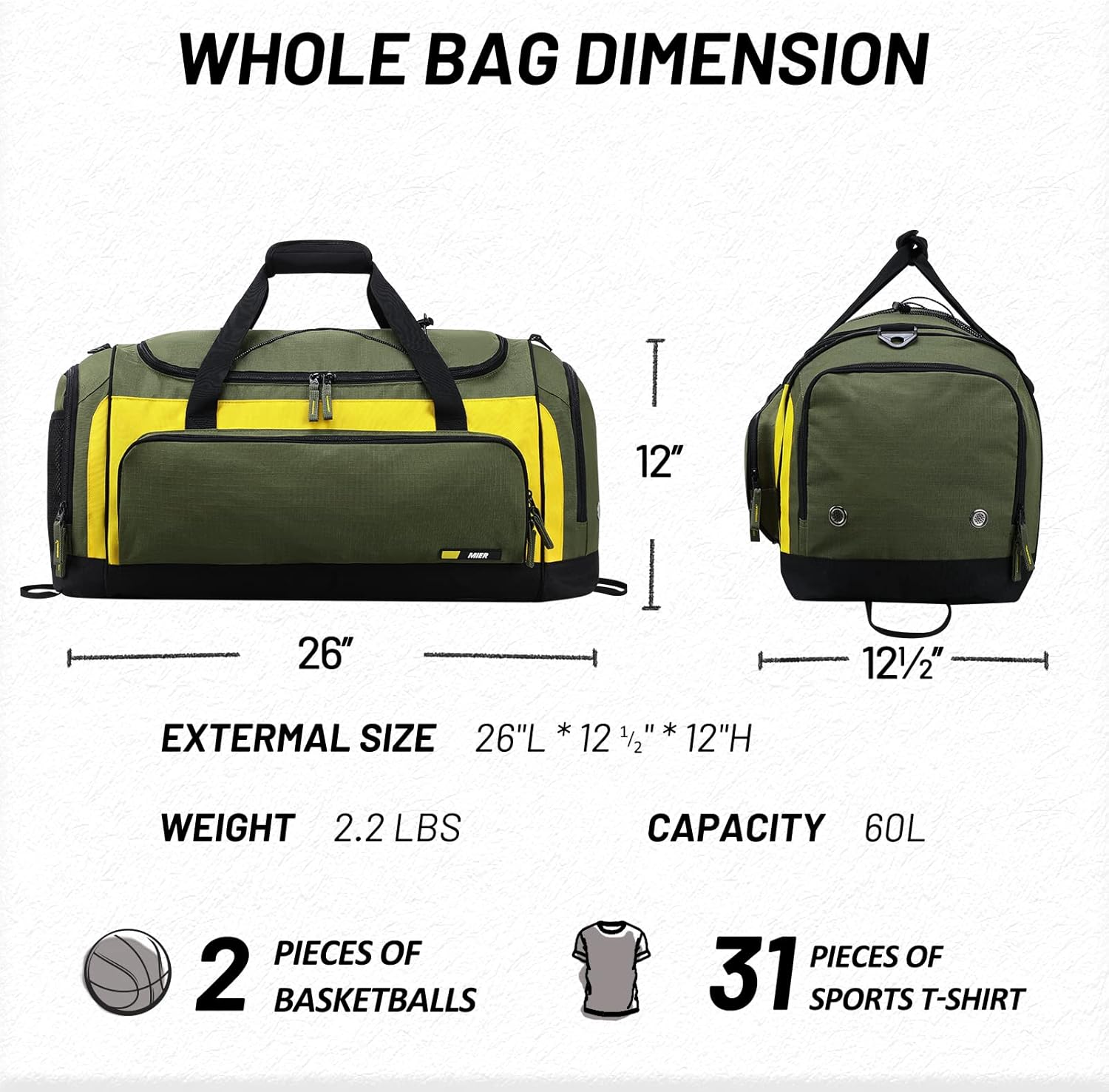 MIER Large Gym Bag for Men Sports Duffle Bag with Shoe Compartment 60L Lightweight Duffel Bags for