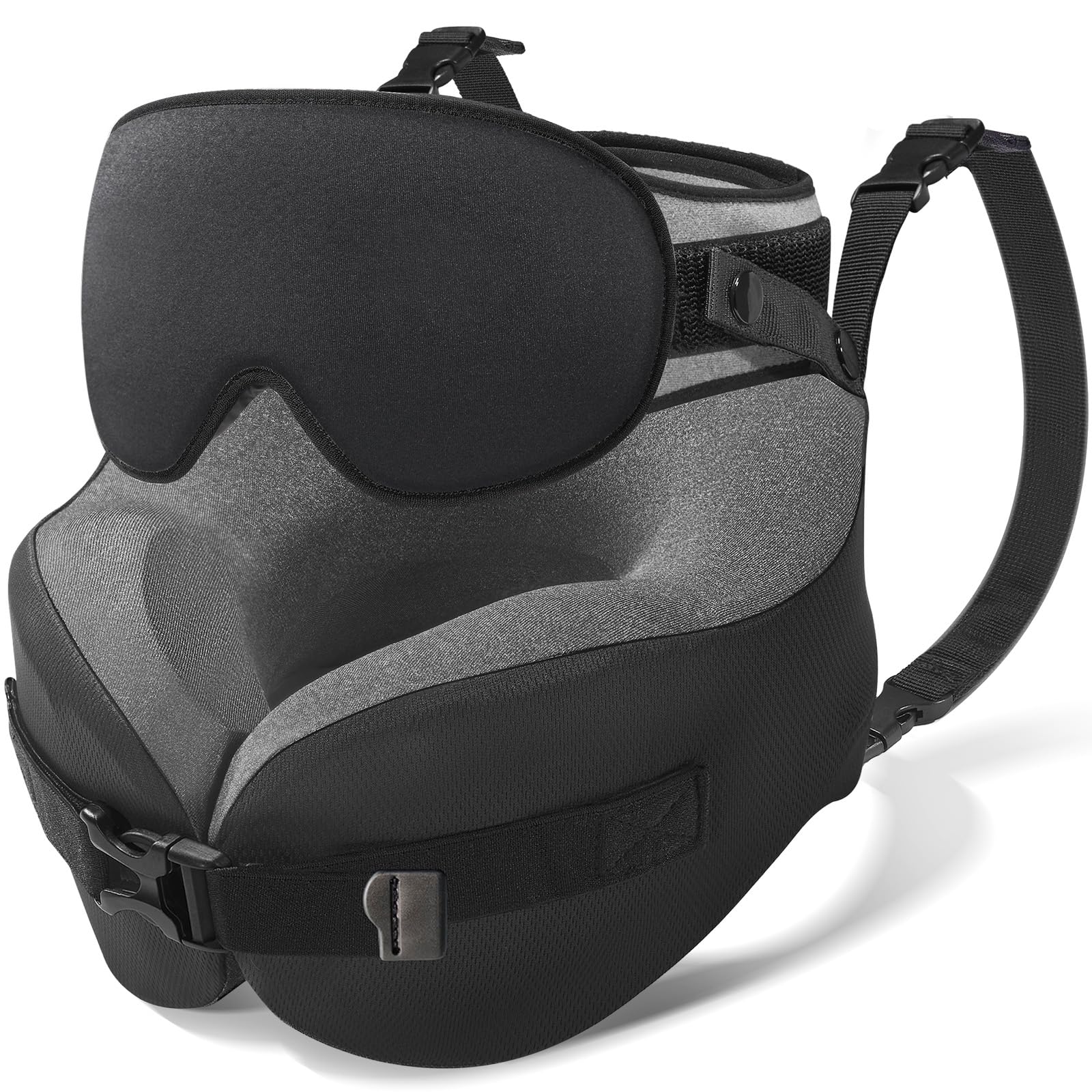 YFONG Travel Pillow with Head Support & Sleep Mask for Long Flights, Black