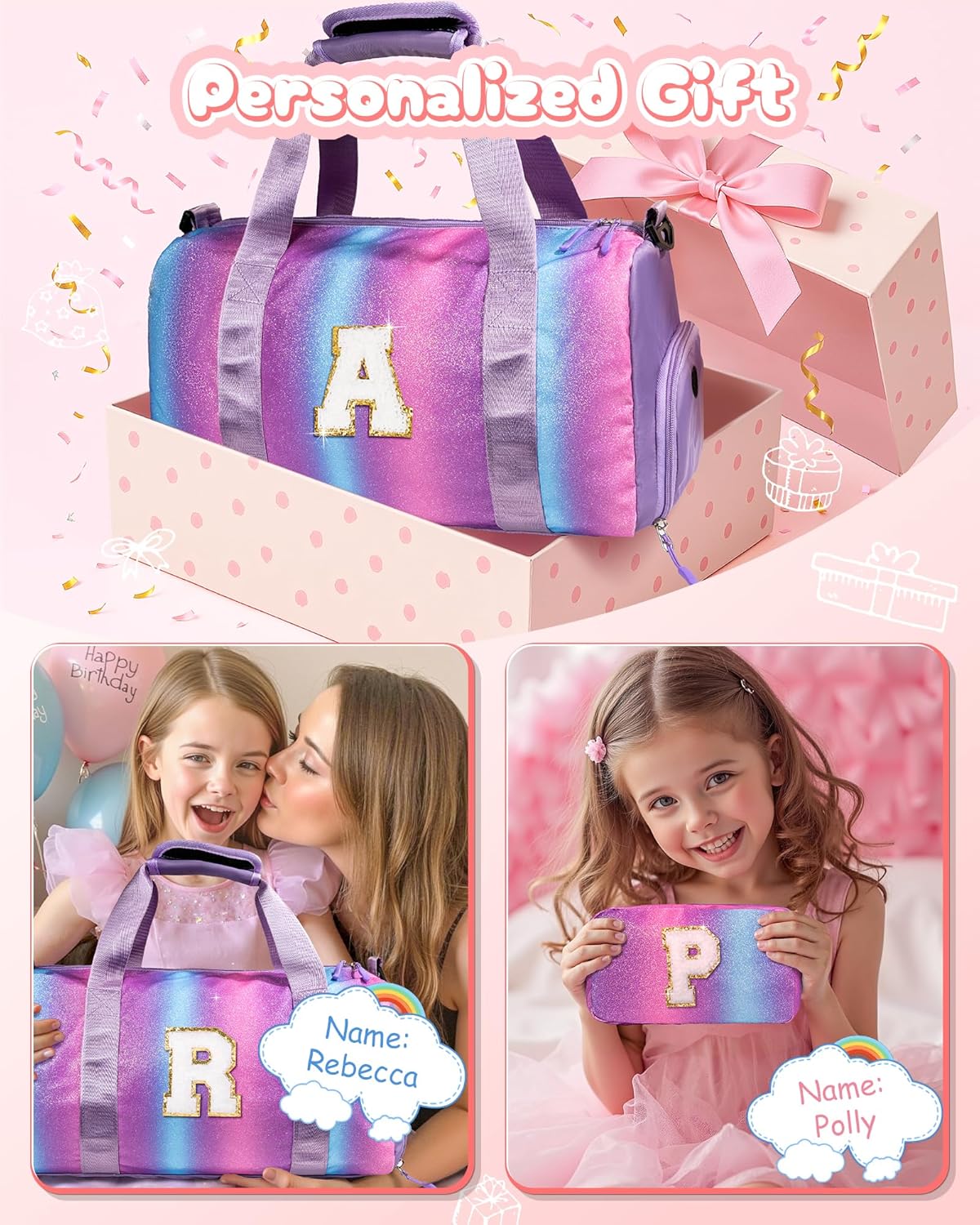 Teen Girls Birthday Gifts-Girl Gym Bag with Shoe Compartment, Kid Personalized Weekender Overnight Bags, Initial Travel Tote with Makeup Pouch, Birthday Gift for Sister Daughter (Letter J)