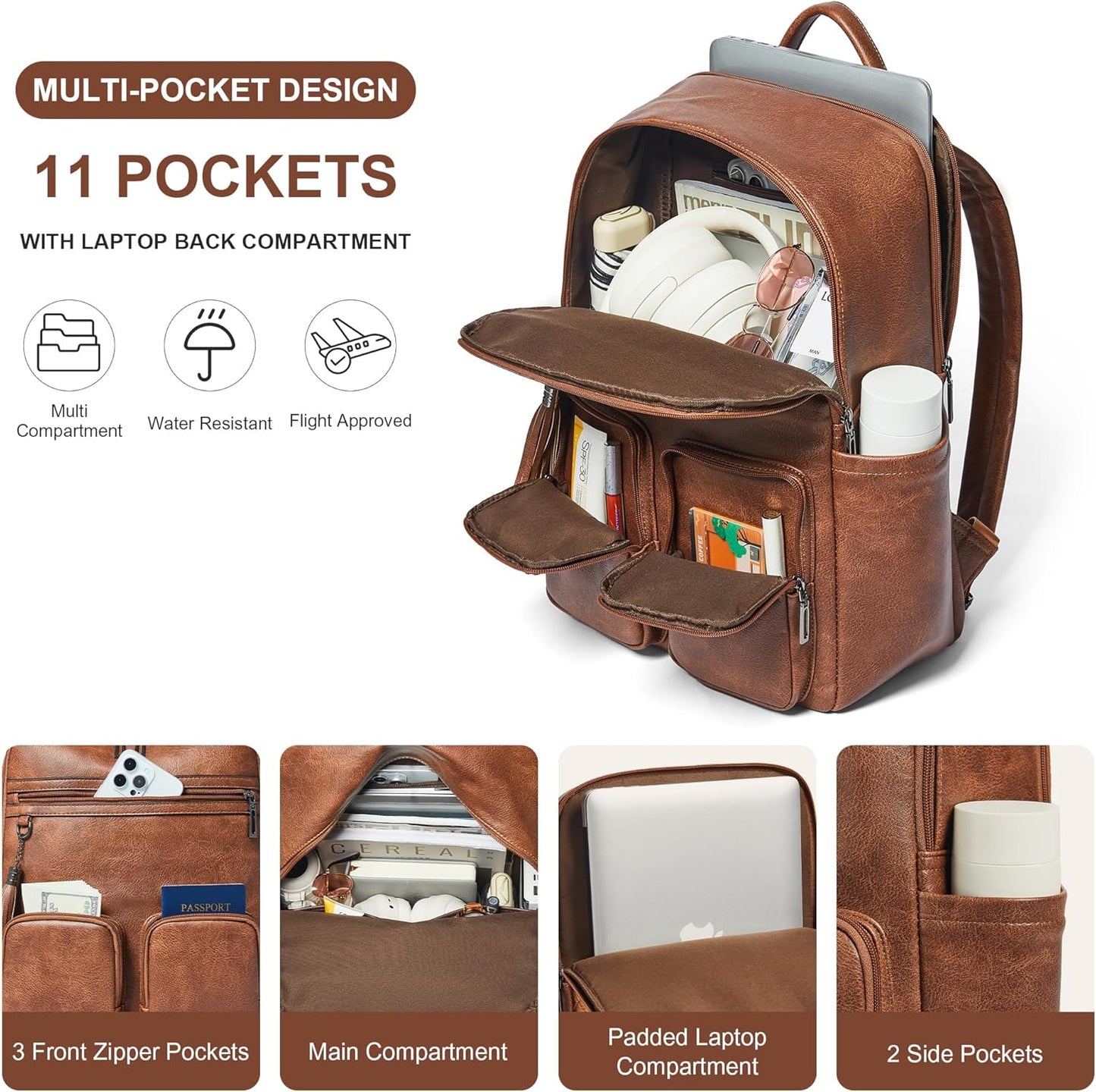 Shrrie Laptop Backpack for Women 16 Inch,Vegan Leather Travel Backpack Purse Work Business Computer Backpacks Teacher Nurse College Laptop Bookbag Casual Daypack,Two-toned Brown