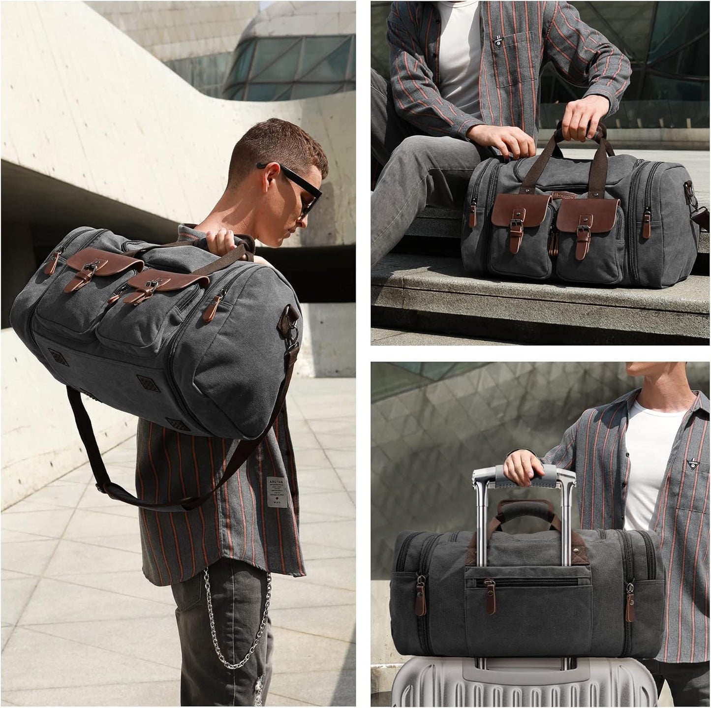 Wildroad 60L Travel Duffel Bag, Expandable Canvas Genuine Leather Duffle Bag Upgraded Overnight
