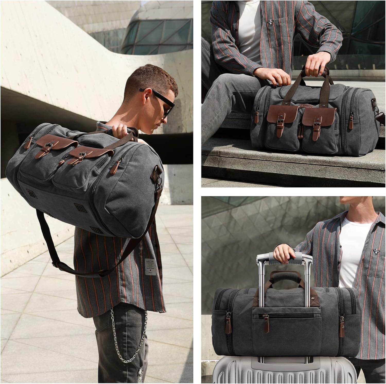 Wildroad 60L Travel Duffel Bag, Expandable Canvas Genuine Leather Duffle Bag Upgraded Overnight