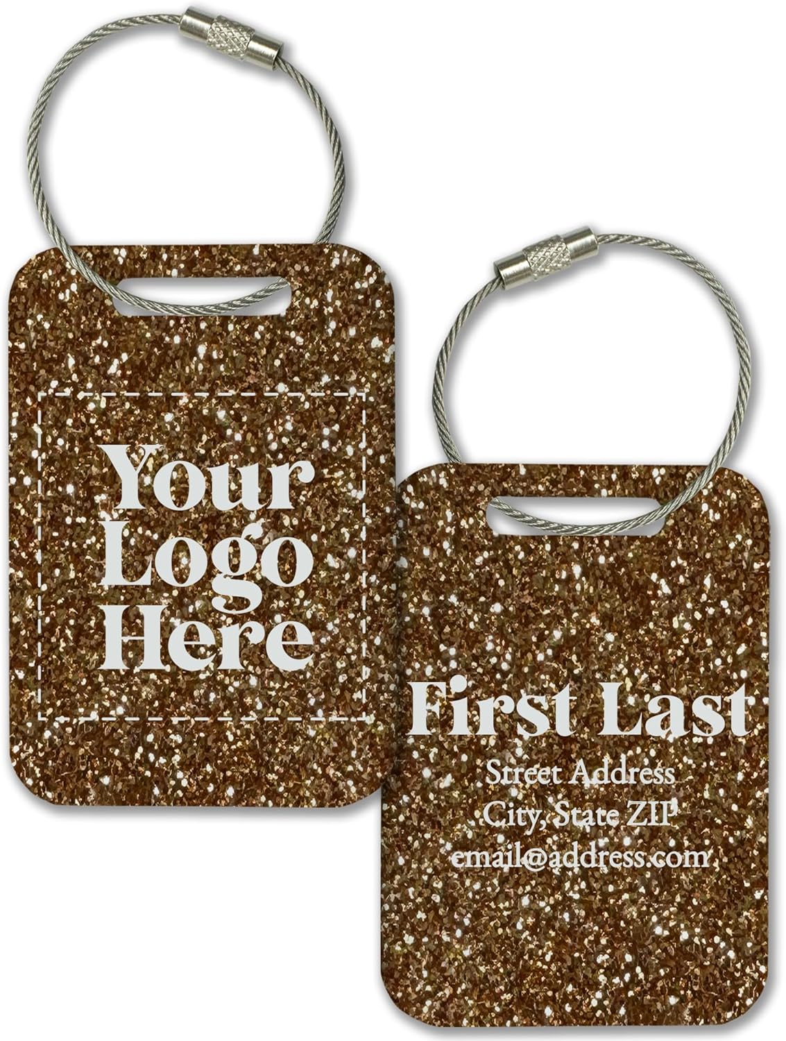 Personalized Logo Name Tag for Luggage (3 or 6 Count Pack) | Custom Tag for Suitcase | Acrylic Name Tag for Travel | Choose Your Font & Color | Backpack ID Label (Logo, Gold Glitter)