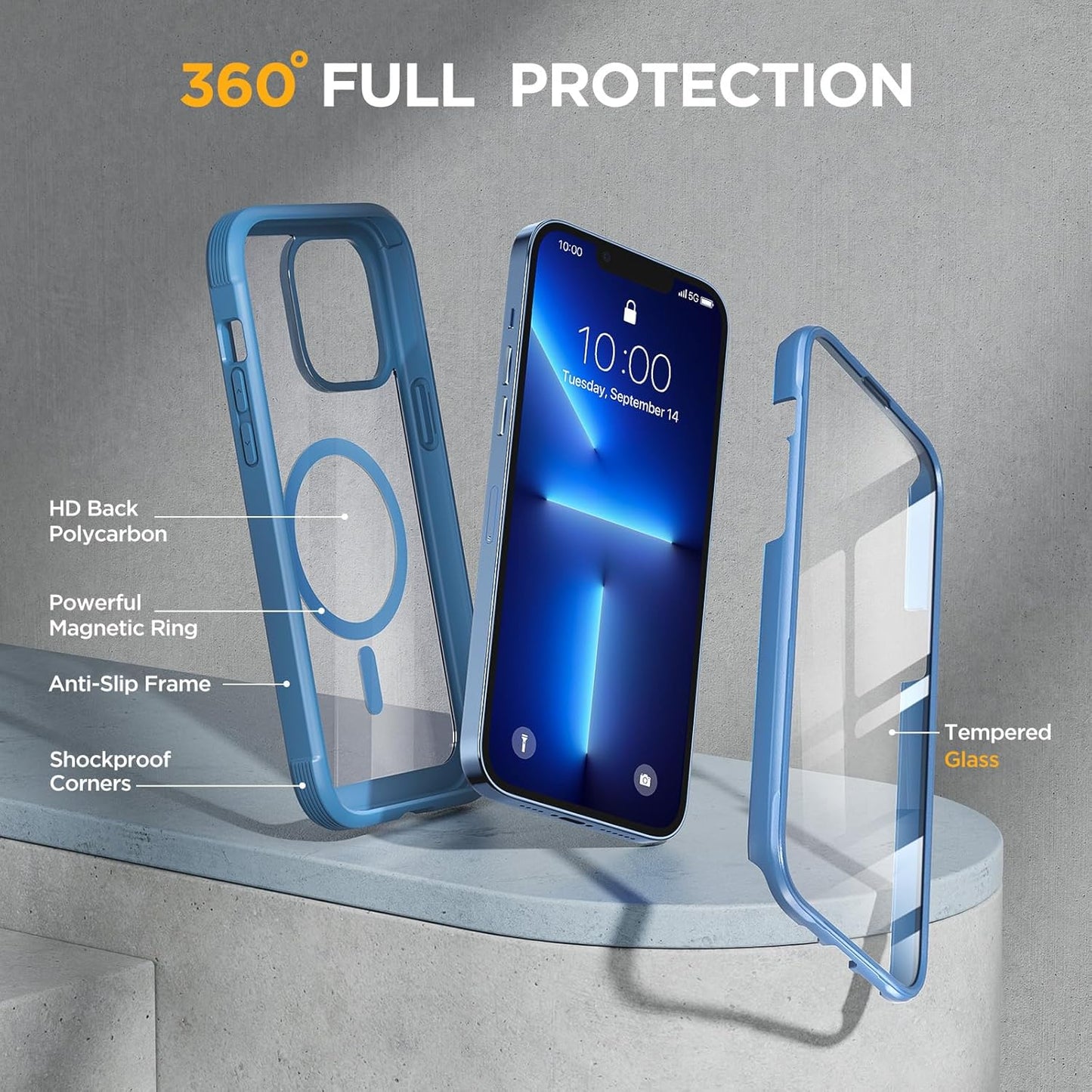 Miracase Magnetic for iPhone 13 Pro Max Case 6.7 inch, (Compatible with MagSafe) Upgrade Full-Body Clear Phone Bumper Case with Built-in 9H Tempered Glass Screen Protector, Magnetic Capri Blue