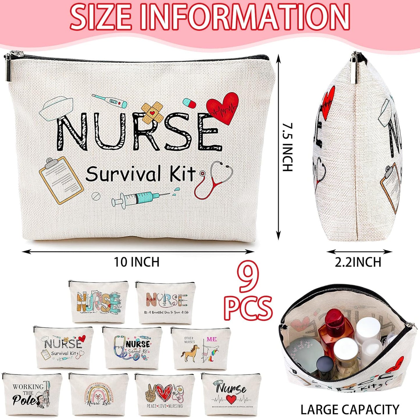 Pinkunn 9 Pcs Christmas Gifts Nurse Makeup Bags Nursing Gifts for Women Cosmetic Bag with Zipper Nursing Travel Toiletry Bag Survival Kit for Birthday Gift Funny for Nurses Student Thank You