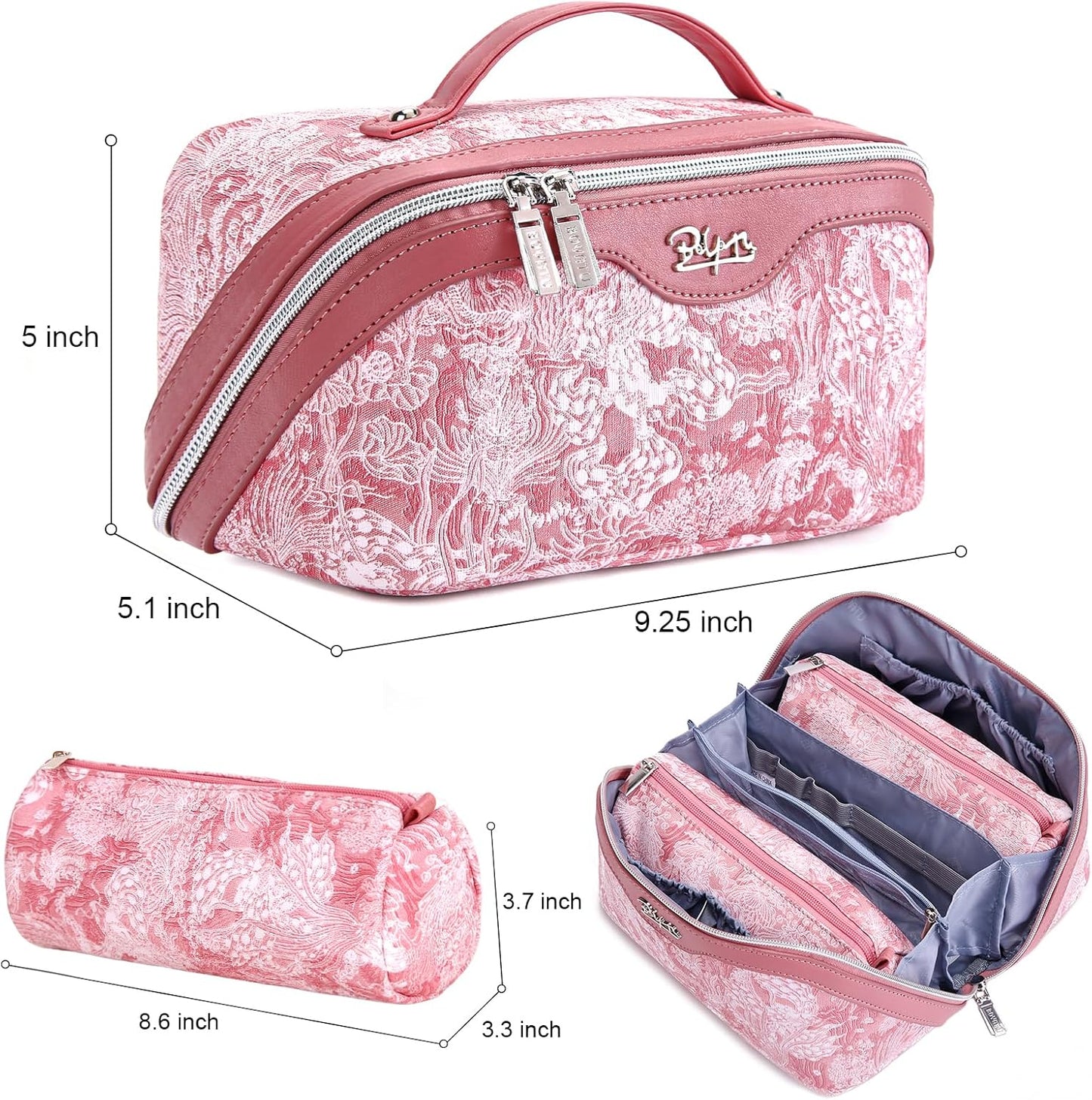 BOYATU Travel Makeup Bag for Women: Large Capacity Make up Bag with Compartments - Vegan Leather Cosmetic Bag set of 3 - Waterproof Toiletry Bag with Handle & Divider(E-4-Pink)