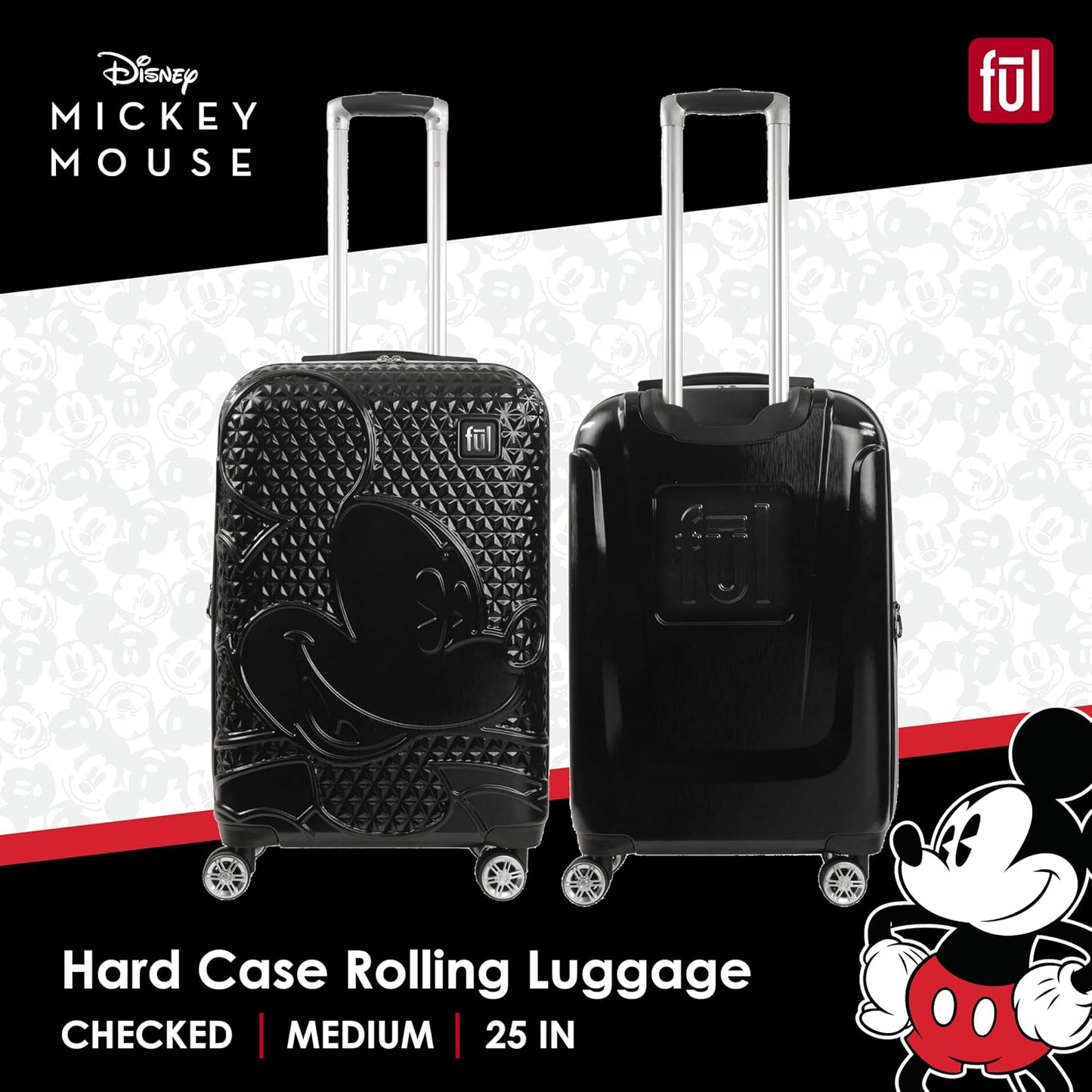 FUL Disney Mickey Mouse 25 Inch Rolling Luggage, Hardshell Suitcase with Spinner Wheels, Black