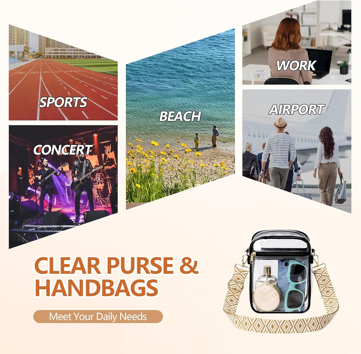 Clear Bag for Stadium Events, Clear Purse with Removable Strap, Messenger Bag for Concert Work Sports and Fetivals