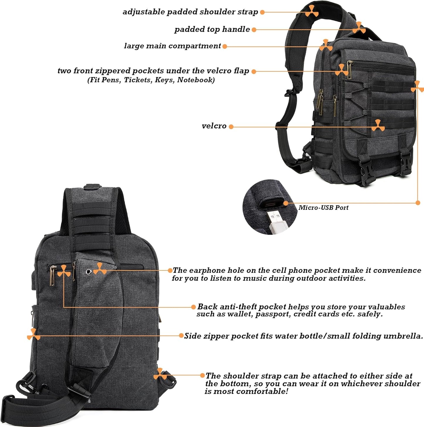 NICGID Sling Bags Chest Shoulder Backpacks, 12.5'' 13.3'' 14.1'' 15.6''Laptop Backpack Crossbody Messenger Bag Travel Outdoor