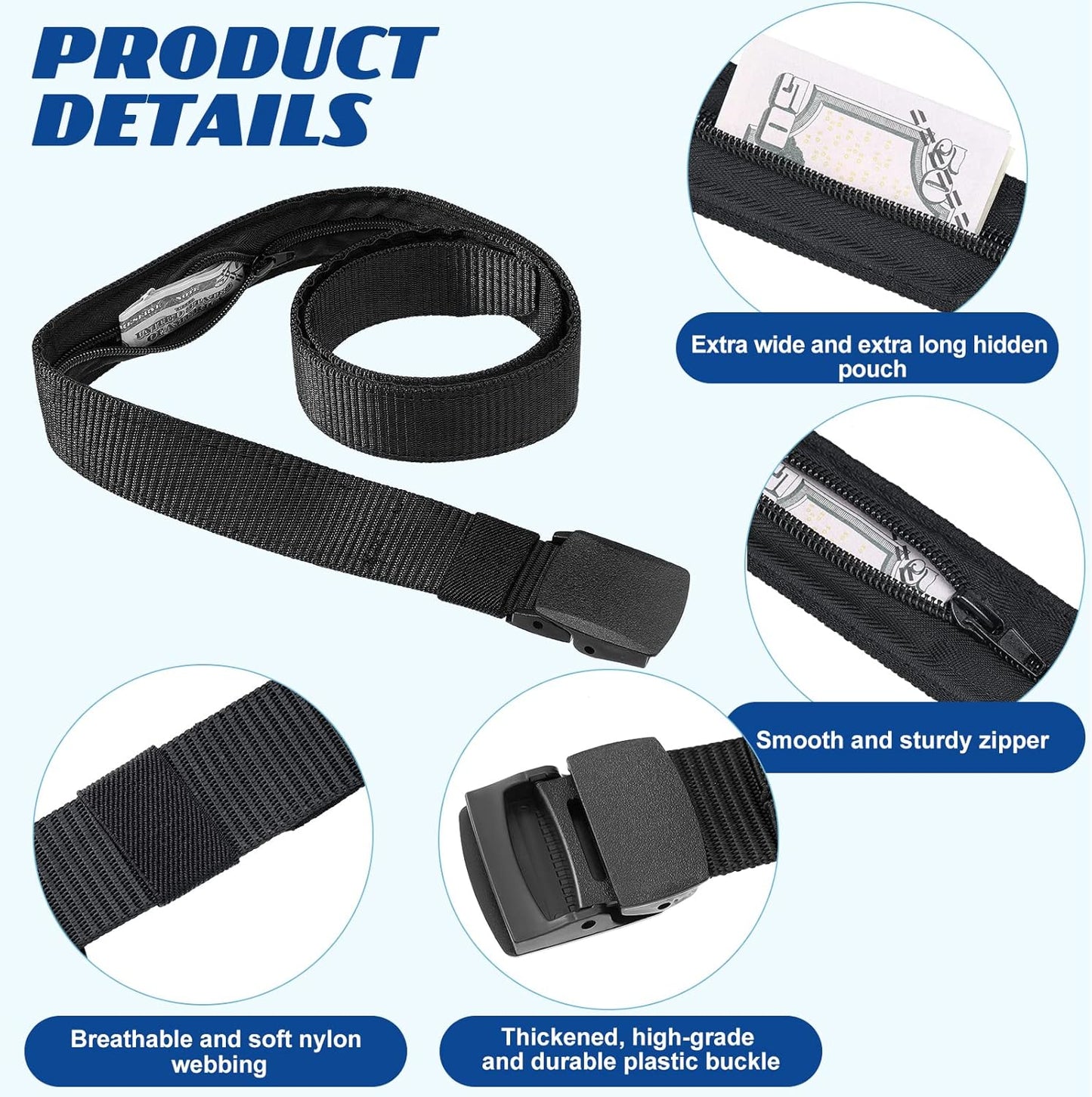 Eurzom 2 Pcs Travel Money Belts for Men Women Hidden Money Pocket Security Belts, Nylon Anti Theft Wallet with Plastic Buckle, Coffee and Black
