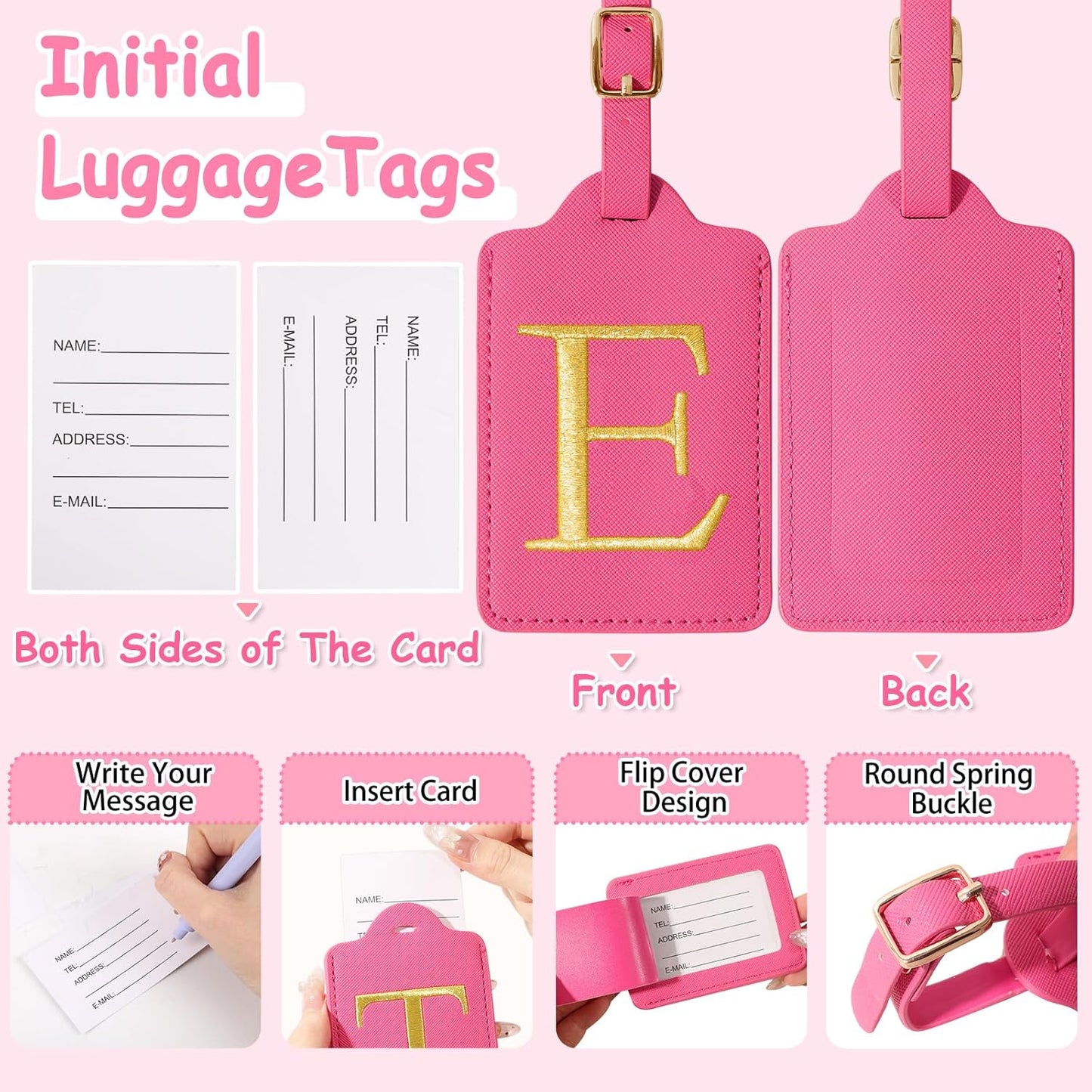 Initial Luggage Tags for Suitcases, Cute Embroidered Letter Luggage Bag Suitcase Identifier Name Baggage Tag, PU Leather Travel Luggage Tags, Bag Tags for Men Women Kids Luggage Handbags(Rosered E)