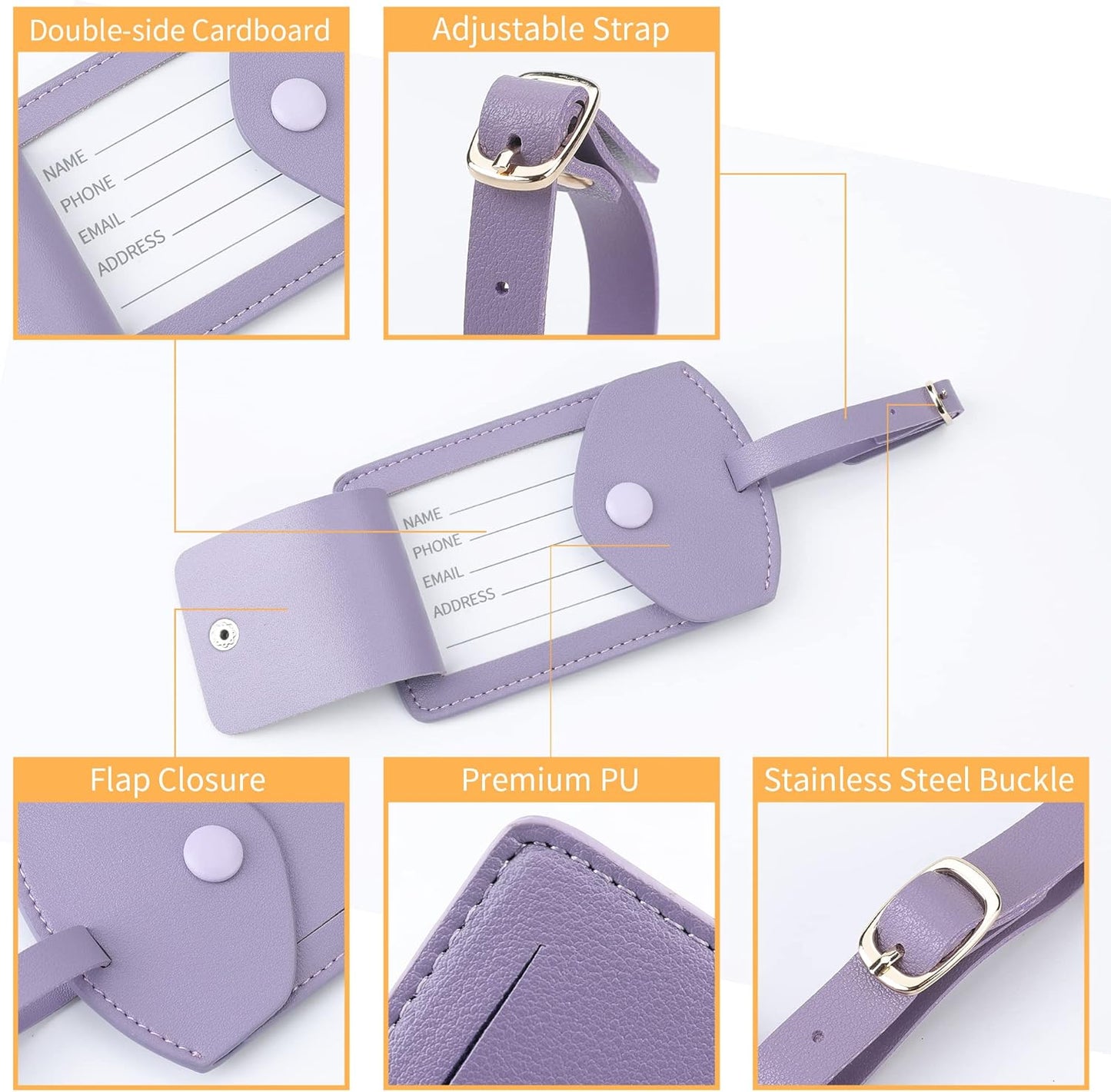Kevancho Leather Luggage Tags for Men Women, Suitcase Labels Baggage Bag Tag ID Tags with Full Back Privacy Cover for Cruise Ships, Travel Accessories Tags Set of 2 PCS (Purple)