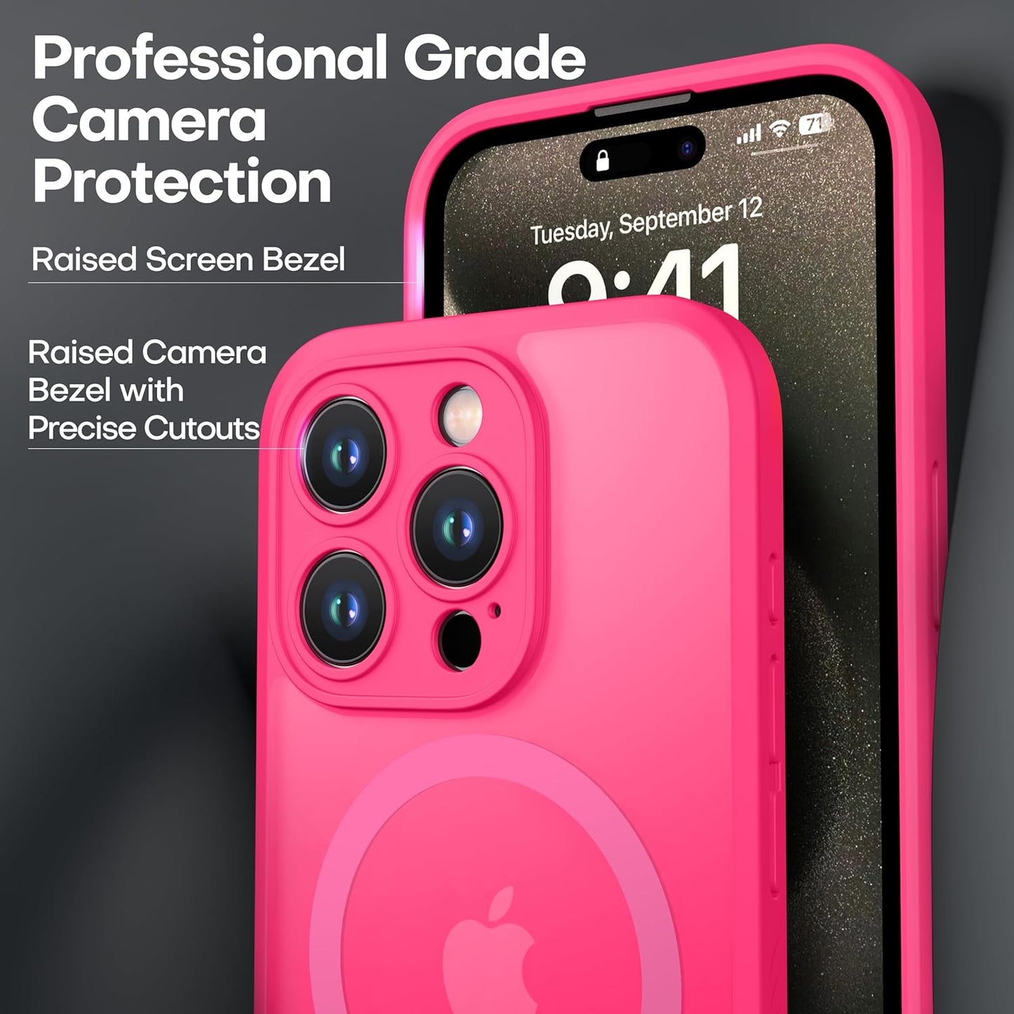 CellEver Strong Magnetic for iPhone 15 Pro Max Case [Camera Protection] [Military Grade Drop Tested] [Compatible with MagSafe] Slim Translucent Matte Phone Case (6.7") - Hot Pink