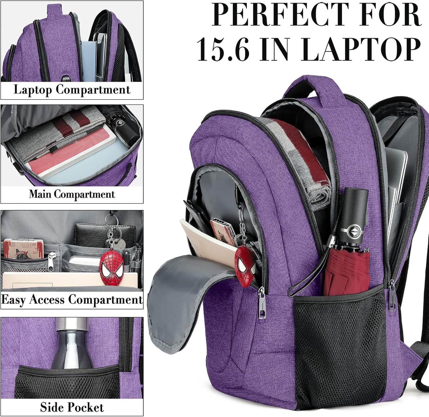 BIKROD Backpack for Men Women, Backpacks for School Teen Boys, Business Anti Theft Slim Sturdy Back Pack with USB Charging Port, Adult Computer Bag Gift 15.6 IN Laptop, Purple