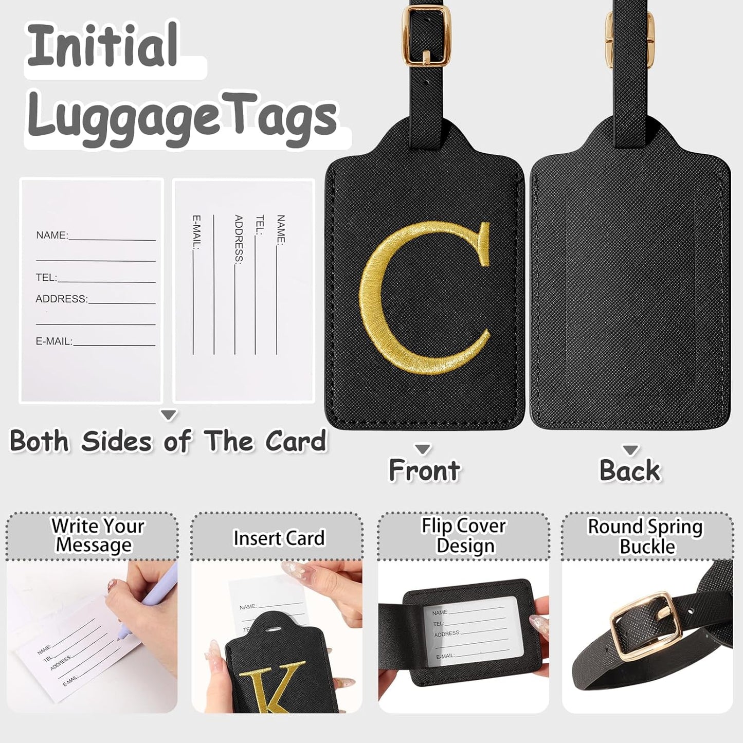 Initial Luggage Tags for Suitcases, Cute Embroidered Letter Luggage Bag Suitcase Identifier Name Baggage Tag, PU Leather Travel Luggage Tags, Bag Tags for Men Women Kids Luggage Handbags(Black C)