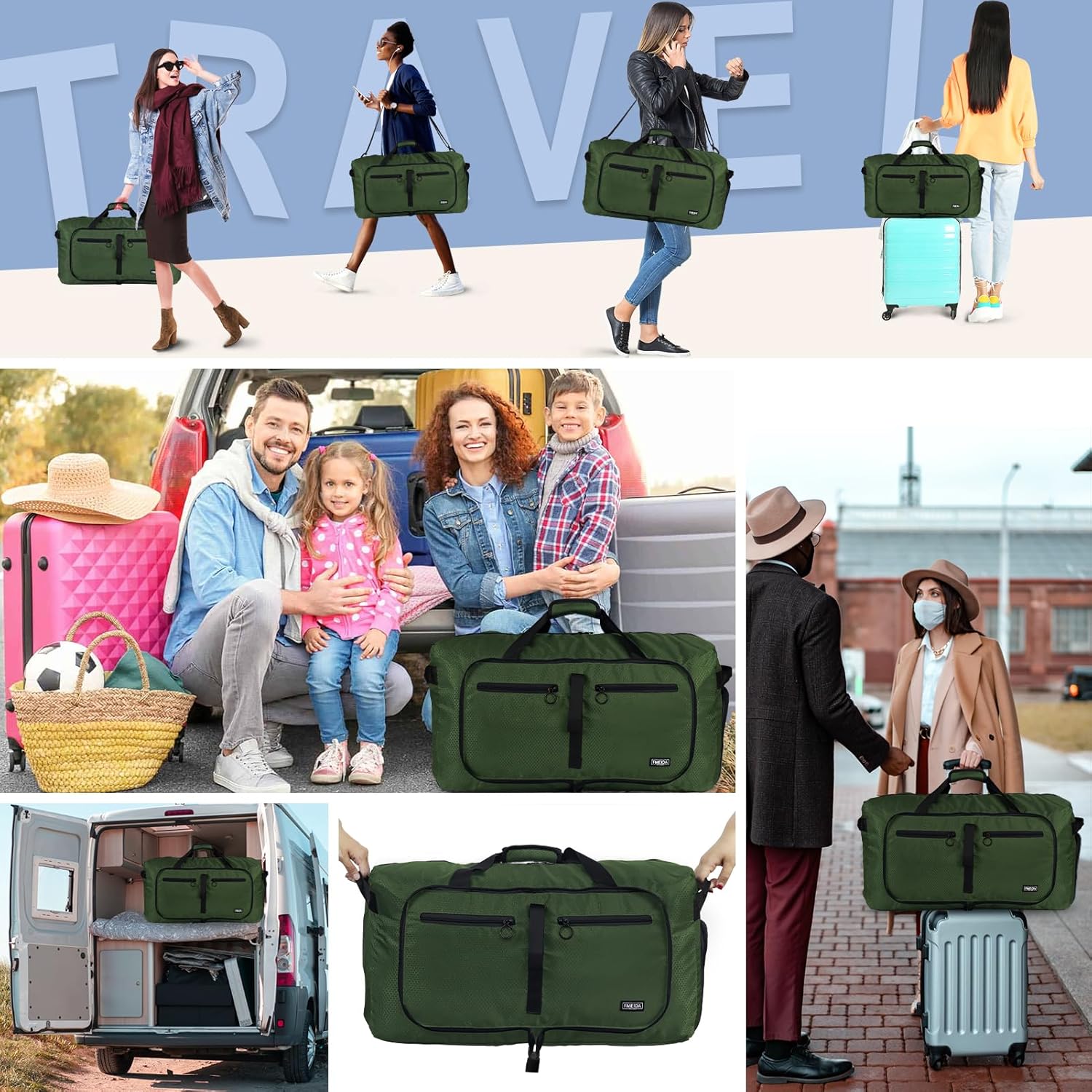 Fmeida 65L Duffle Bag with Shoes Compartment, Foldable Travel Duffel Bags for Men Women, Large