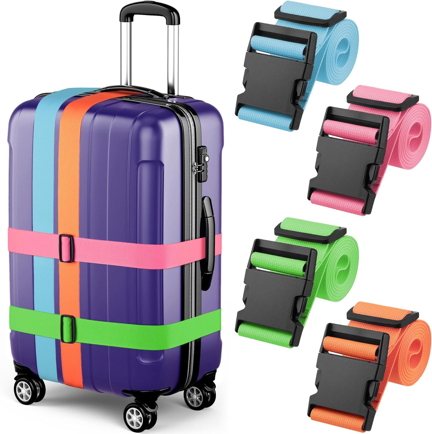 Luggage Straps - Mixed Color, 78" Long, 2 Inches Wide, 4 Pack - Adjustable Nylon Belt for Travel Suitcases & Bags - by Mifflin-USA