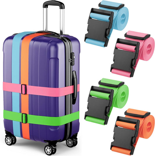 Luggage Straps - Mixed Color, 78" Long, 2 Inches Wide, 4 Pack - Adjustable Nylon Belt for Travel Suitcases & Bags - by Mifflin-USA