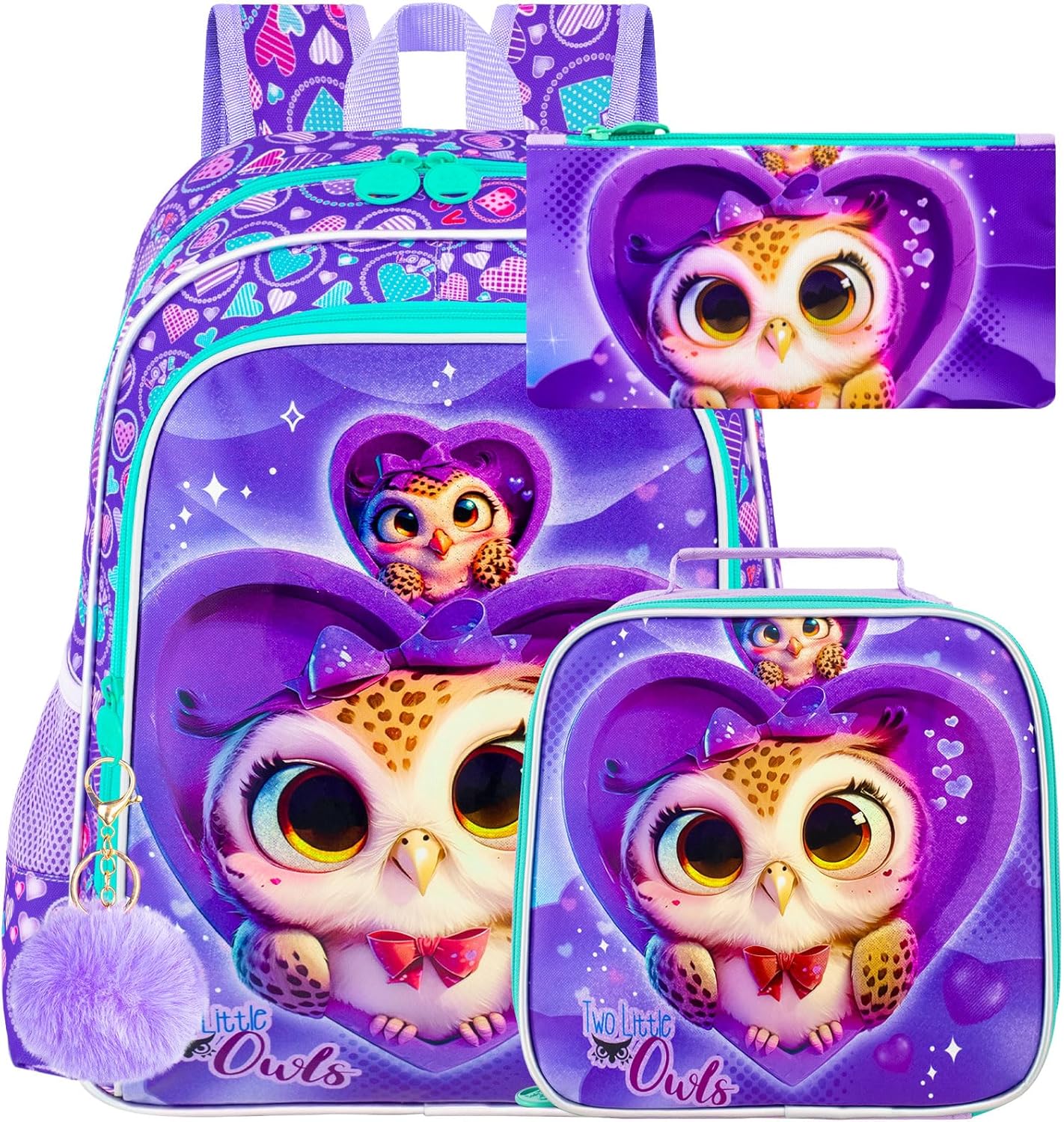3PCS Girls Backpack, Kids Water Resistant Heart Bookbag Set with Lunch Box, Cute Kids School Bag