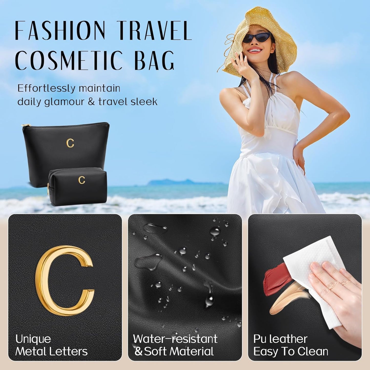 Women Gifts | Initial Makeup Bag Set for Girl Personalized Gifts for Bridesmaid Friend Graduation Teachers PU Leather Cosmetic Travel Toiletry Bag(Black,C)
