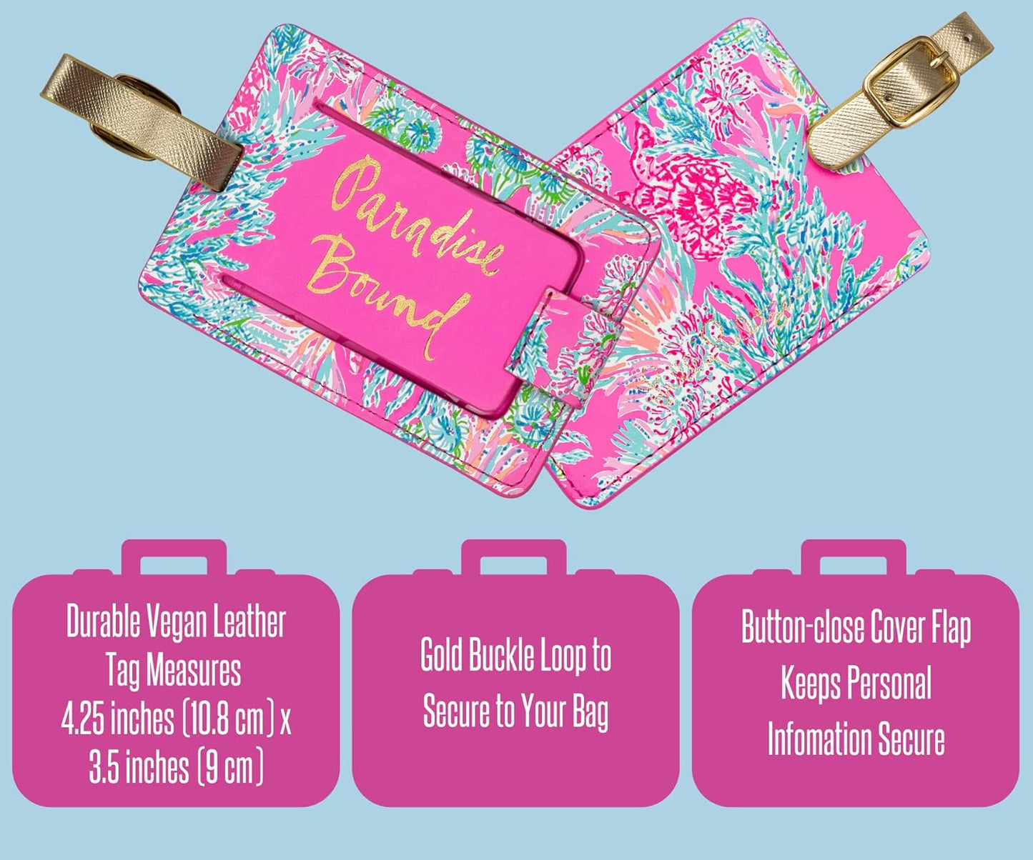 Lilly Pulitzer Leatherette Luggage Tag with Secure Strap, Colorful Suitcase Identifier for Travel