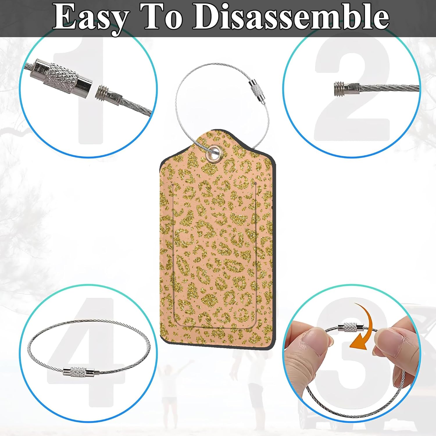 Golden Leopard Print 2 Pack PU Leather Luggage Tags with Stainless Steel Loop, Funny Travel Labels
