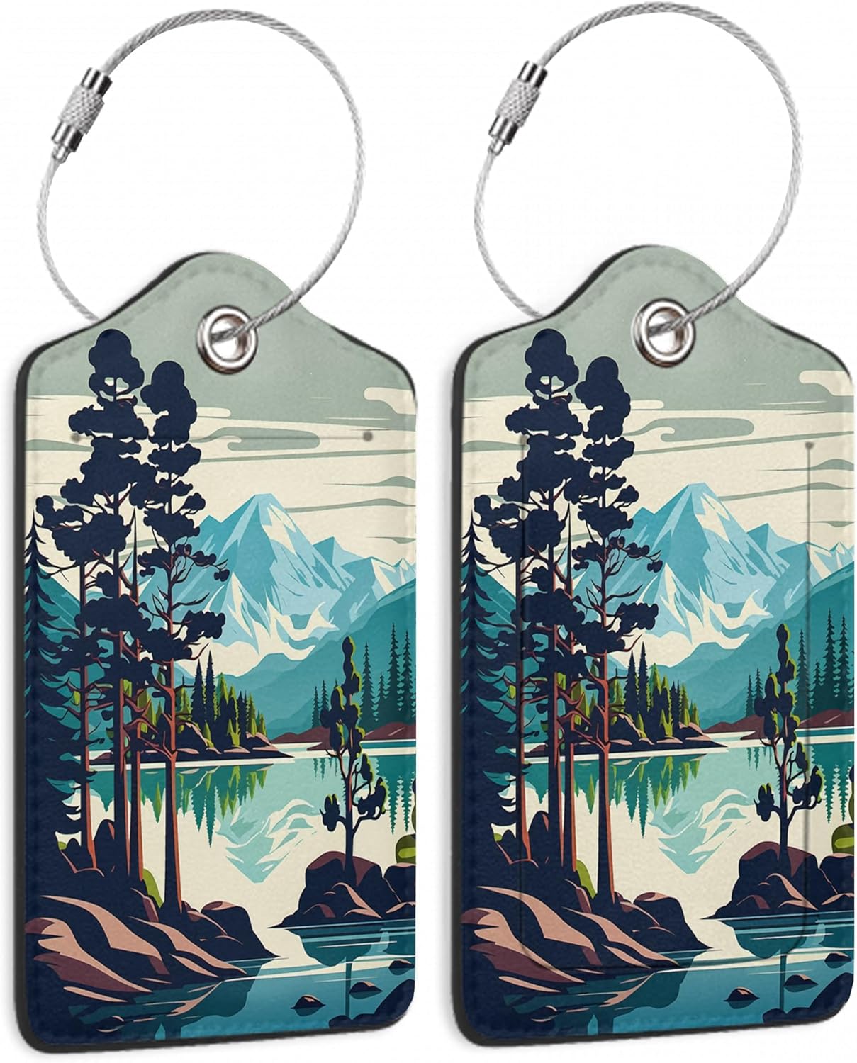 Luggage Tags for Suitcase,2 Pack Mountain Lake Forest Luggage Tag PU Leather Privacy Cover ID Label with Stainless Steel Loop for Women Men Teens Travel