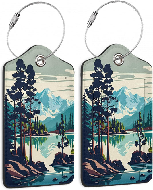 Luggage Tags for Suitcase,2 Pack Mountain Lake Forest Luggage Tag PU Leather Privacy Cover ID Label with Stainless Steel Loop for Women Men Teens Travel