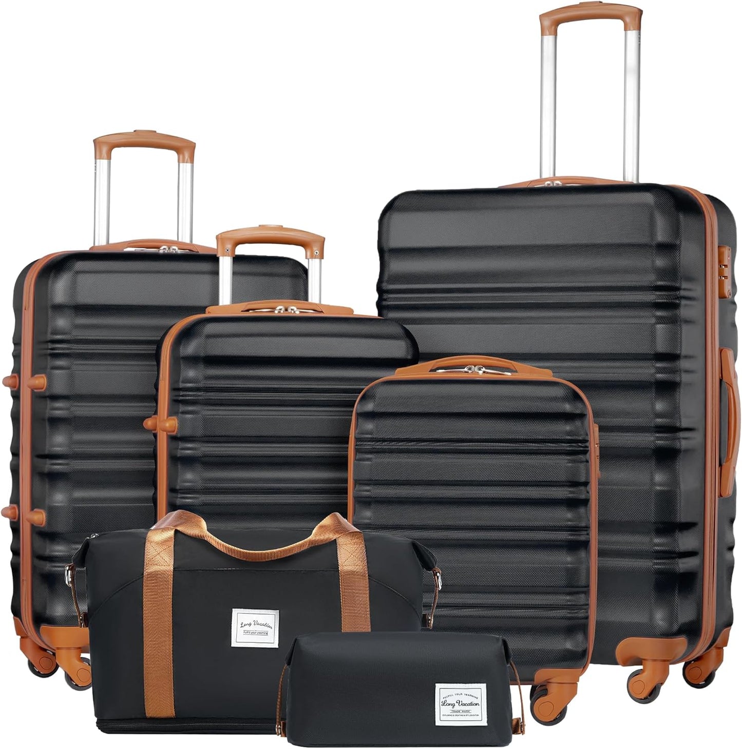LONG VACATION 6 Piece Luggage Set Carry on Suitcase with ABS+PC hardshell, Spinner Wheels & YKK Zipper TSA Lock (BLACK-BROWN, 6 piece set)