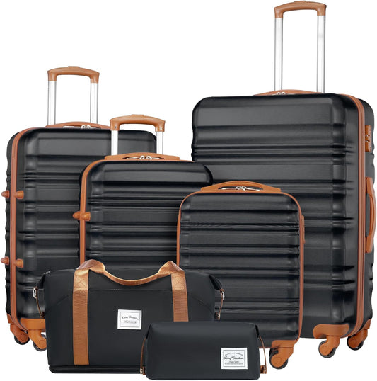 LONG VACATION 6 Piece Luggage Set Carry on Suitcase with ABS+PC hardshell, Spinner Wheels & YKK Zipper TSA Lock (BLACK-BROWN, 6 piece set)