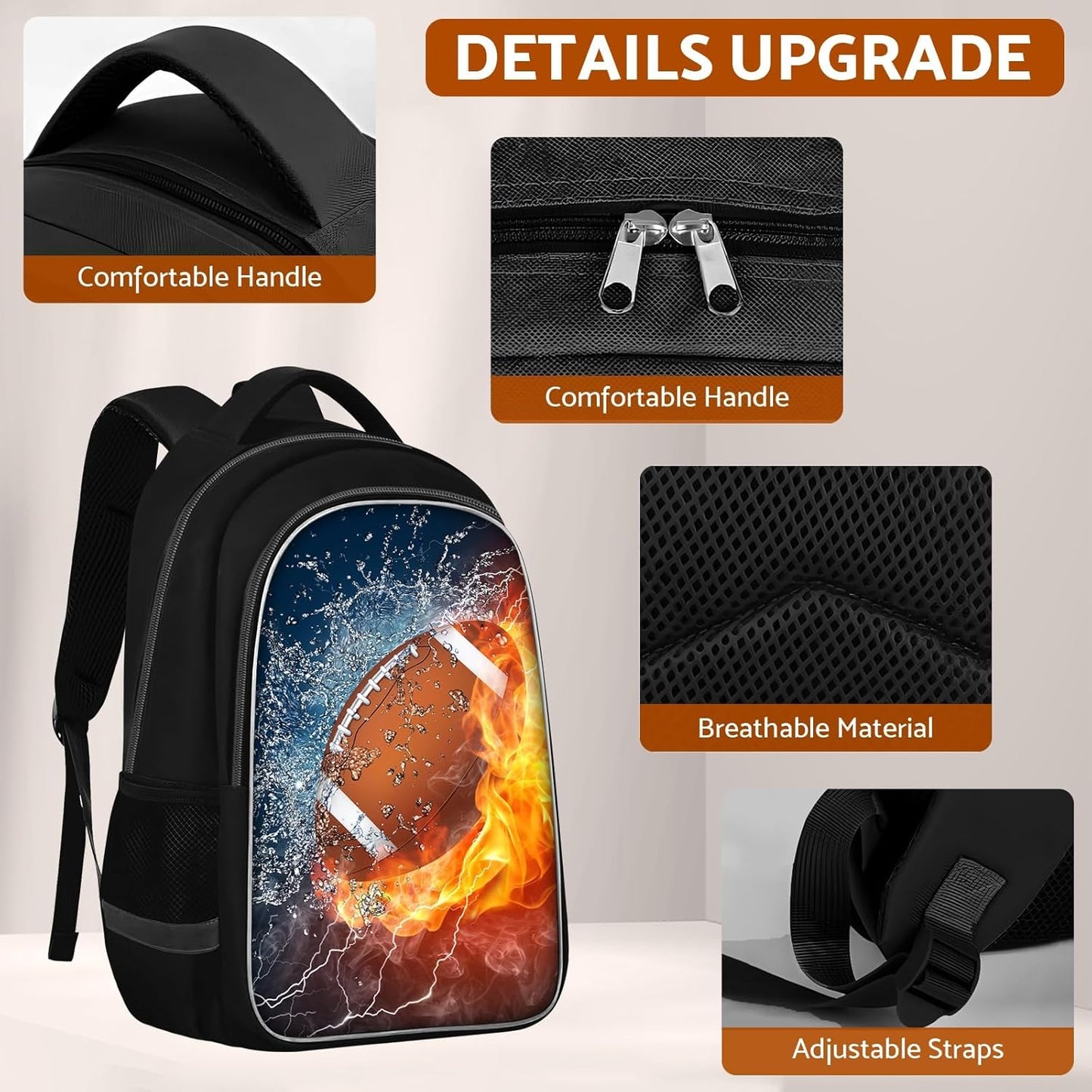 School Backpack for Boys - American Football Boys Backpack for Kids Children Elementary Middle School - 17 Inch Sport Bookbag Travel Back Pack for Ages 6-14