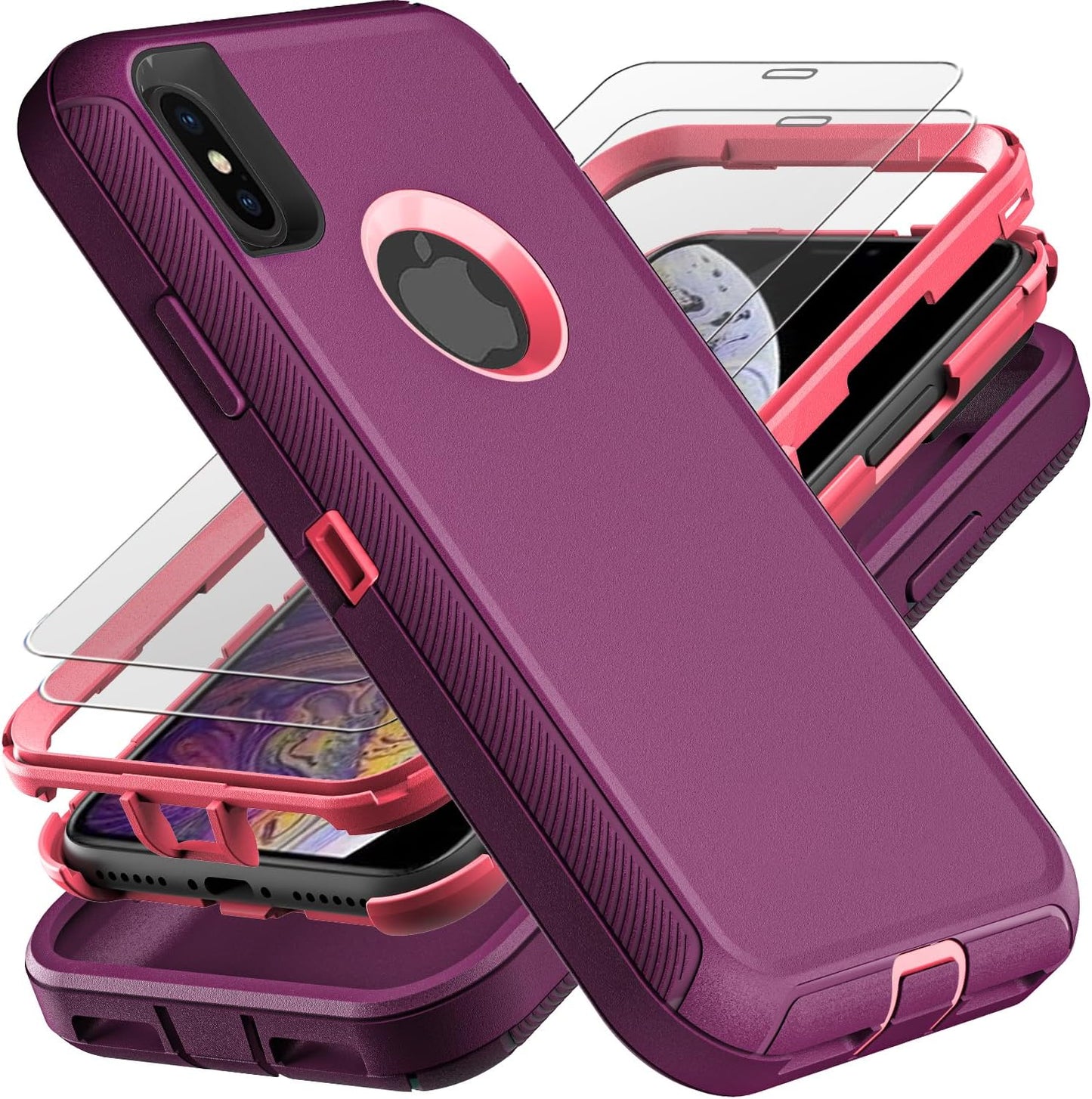 for iPhone Xs Max Case, Military Grade 3 in 1 Heavy Duty Shockproof/Drop Proof/Dust Proof Case with 2Pcs Tempered Glass Screen Protector (Purple/Pink)