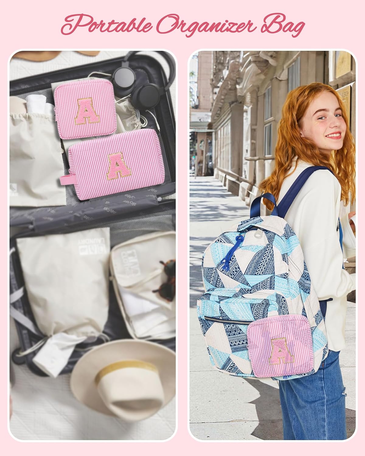 MONSTINA Personalized Initial Makeup Bag for Women,Make Up Case for Girlfriend Bridesmaid Wife,Birthday Gift for Her Cute Toiletry Bag,2PCS,Pink Z