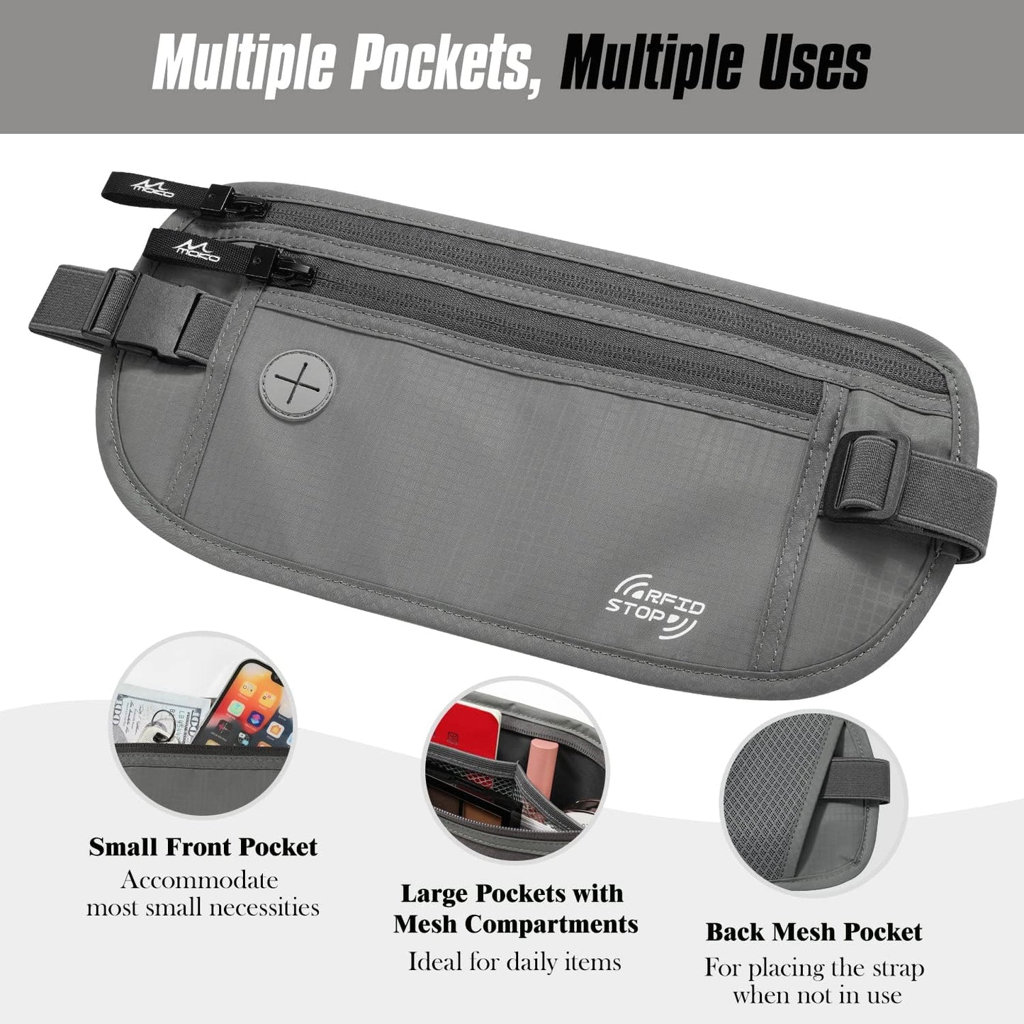 MoKo Secure Travel Money Belt, Undercover Hidden RFID Blocking Travel Wallet, Anti-Theft Passport Wallets for Men Women