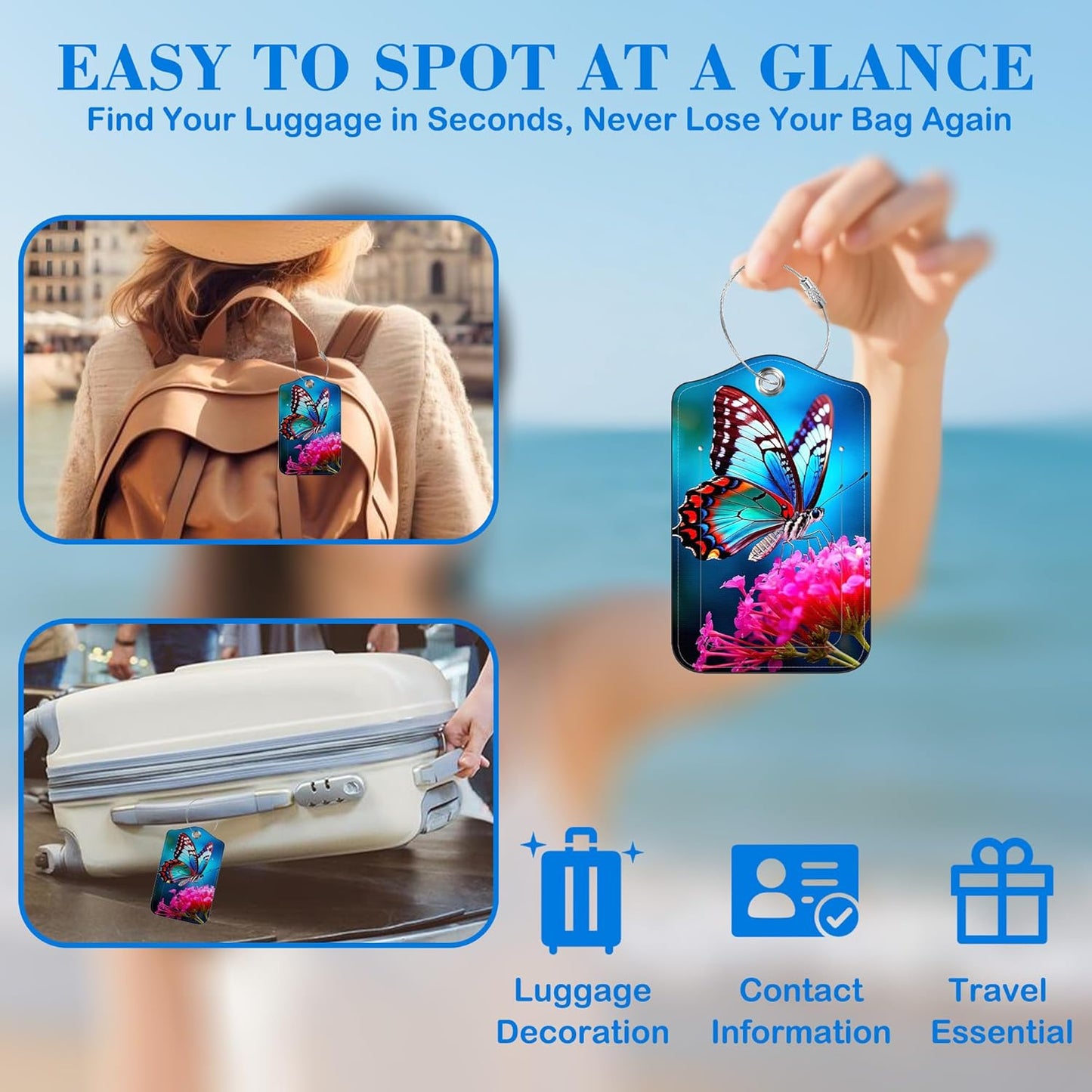 2 Pcs Luggage Tags for Suitcases, Butterfly on Pink Flower Leather Bag Tags for Luggage Privacy Cover Name ID Label with Stainless Steel Loop Cruise Airport Travel Essentials