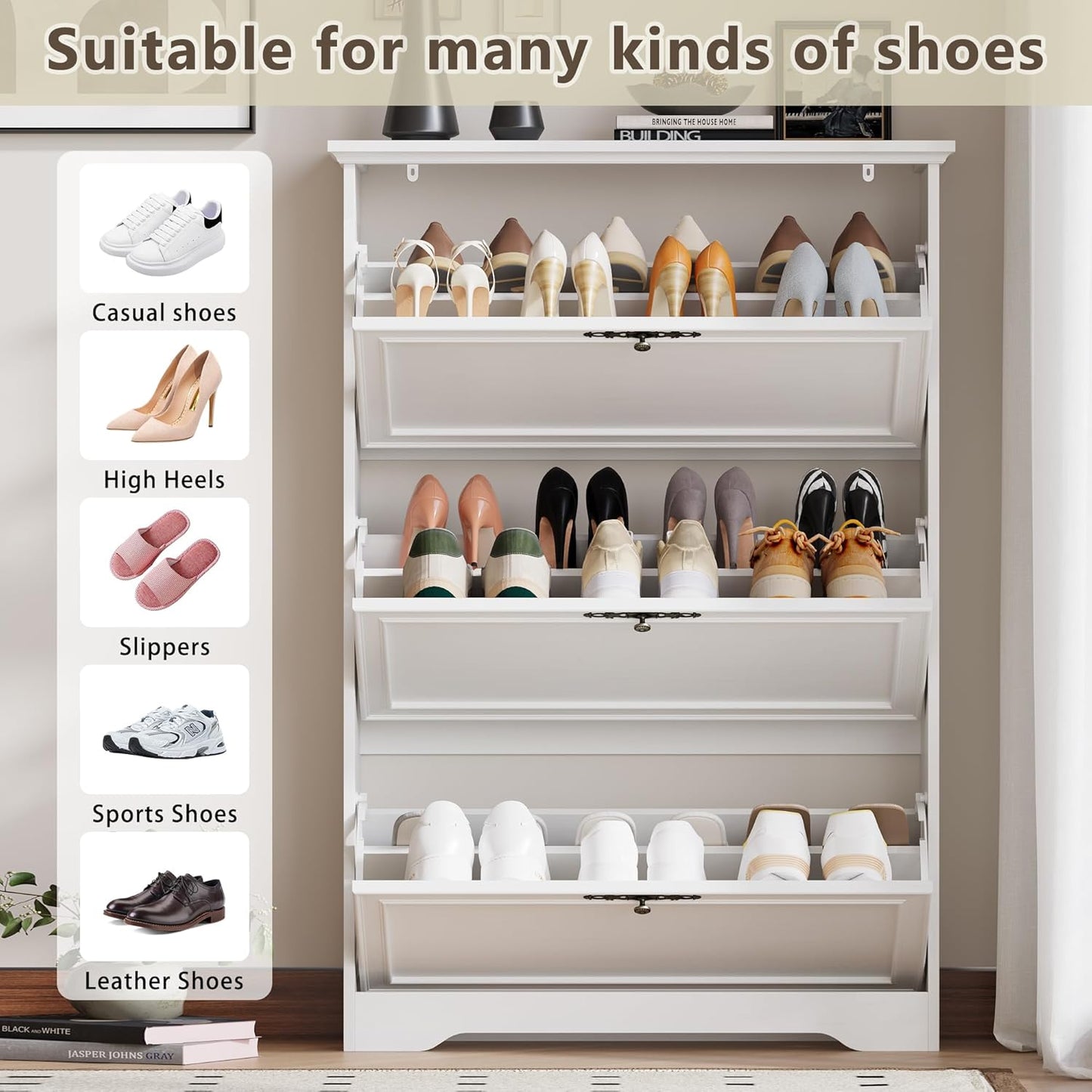 3 Flips Shoe Cabinet for Entryway, Narrow Shoe Storage Cabinet with Adjustable Shelves, Wooden Space-Saving Organizer and Rack for Foyer, Closet, Hallway