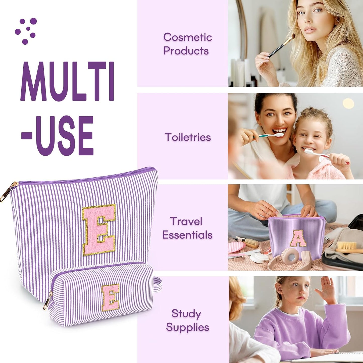 mibasies 2 PCS Initial Makeup Bags for Women: - Birthday Gifts for Teen Girls 11 12 13 14 15 16 Years Old - Preppy Trendy Stuff - Cosmetic Bag for Travel Toiletry - Purple E