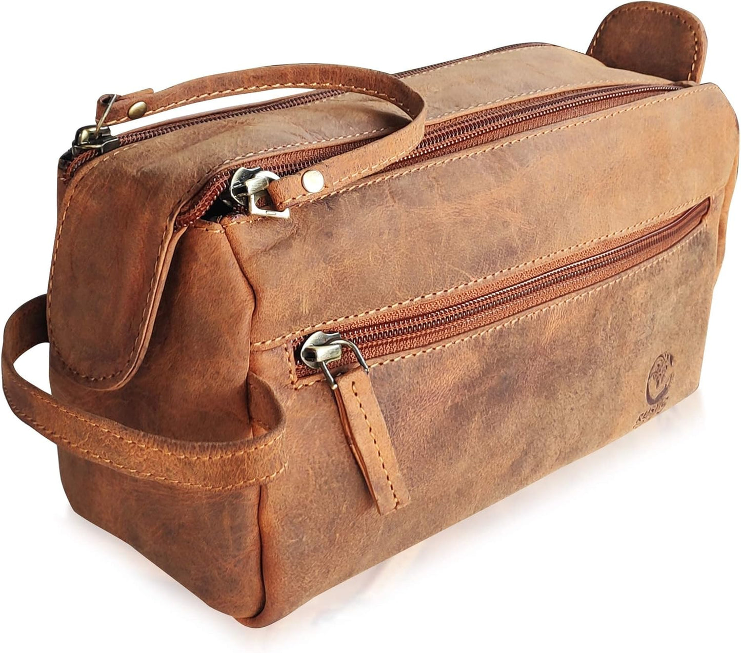 RUSTIC TOWN Buffalo Leather Toiletry Bag : Vintage Travel Shaving & Ditty Kit : for Toiletries, Cosmetics & More : Spacious Interior & Waterproof Lining : Compact, Fits Easily in Luggage