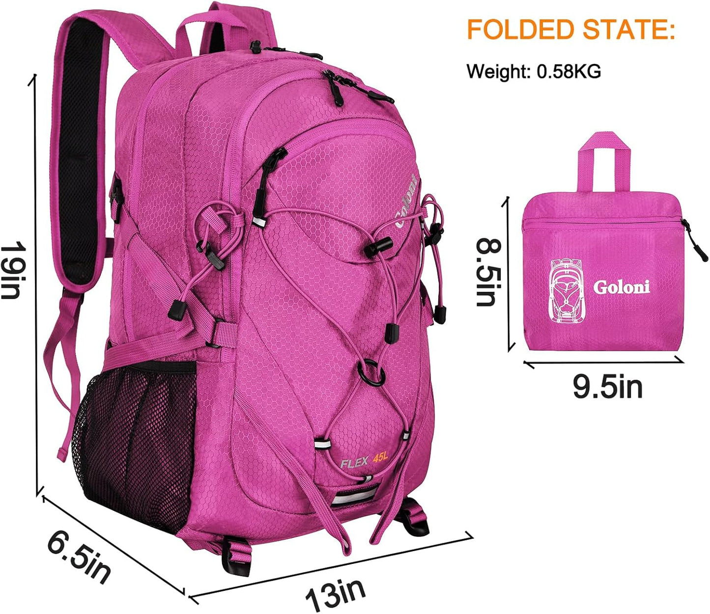 45L Hiking Backpack with Rain Cover, Lightweight Foldable Camping Backpack for Trekking, Water-Resistant Daypack with Hiking Pole & Mat Carrying System,Rose