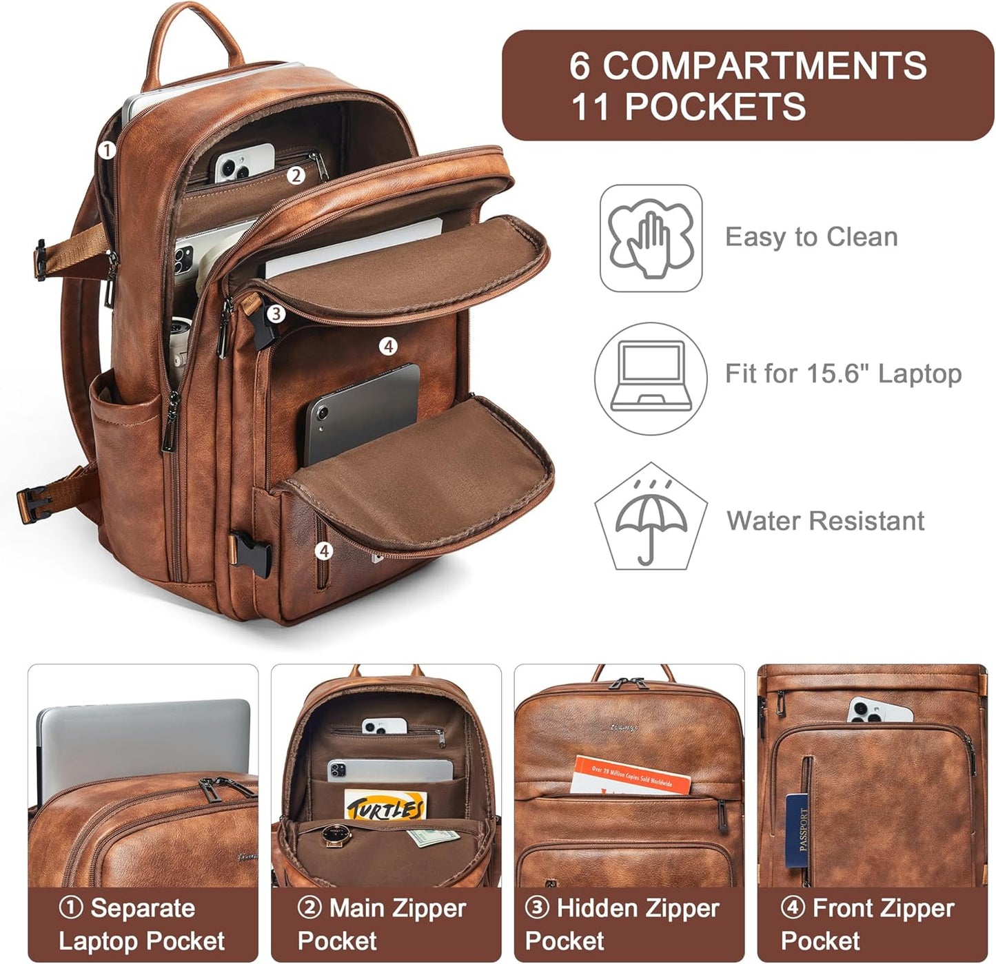 Leather Laptop Backpack for Women, Featuring a 15.6" Padded Laptop Compartment, Water Bottle Pocket and Trolley Sleeve, Ideal for Work, Travel, Everyday Use, and as a Thoughtful Gift